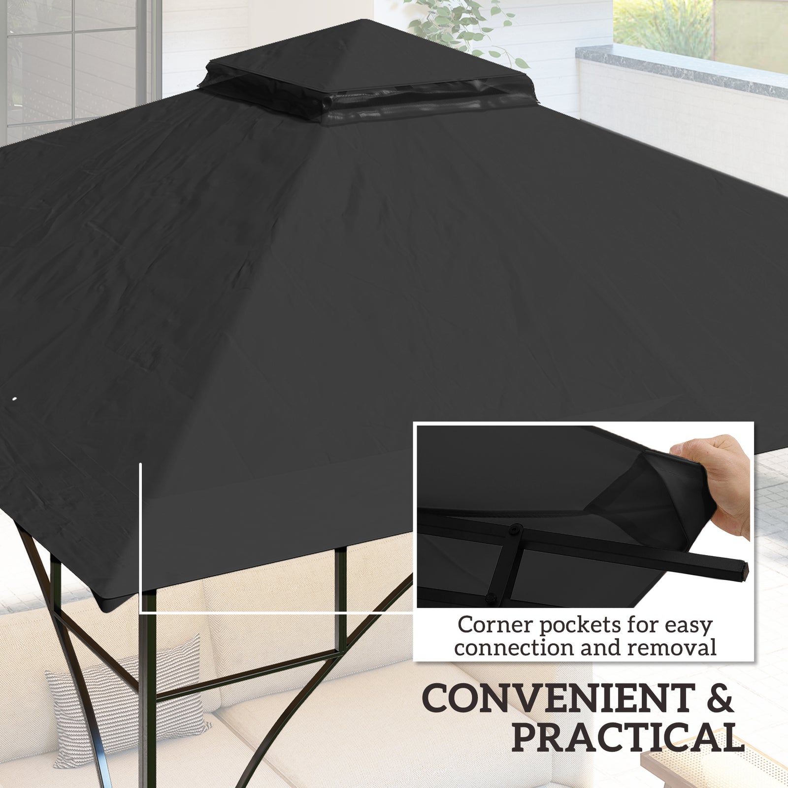 Gazebo Canopy Replacement Cover 3 X 3(m) 2-tier Roof Top | Black