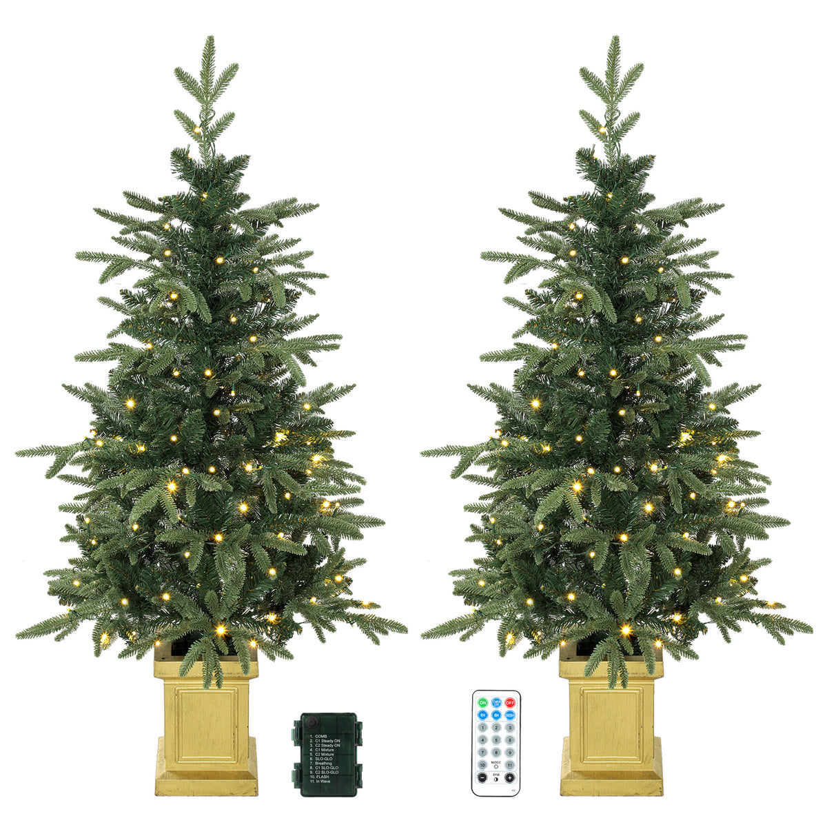HOMCOM Set Of 2 Prelit Christmas Trees With Dual-colour Lights, Remote, 4ft