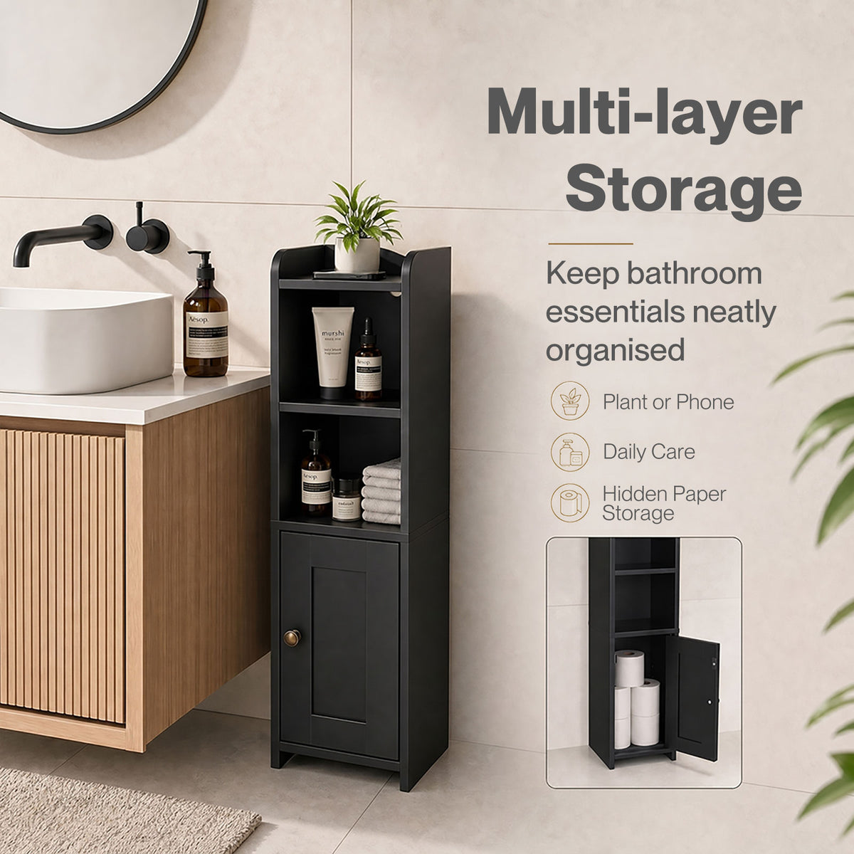 Bathroom Cabinet Slim Corner Storage Adjustable Shelves Pb Mdf | Black