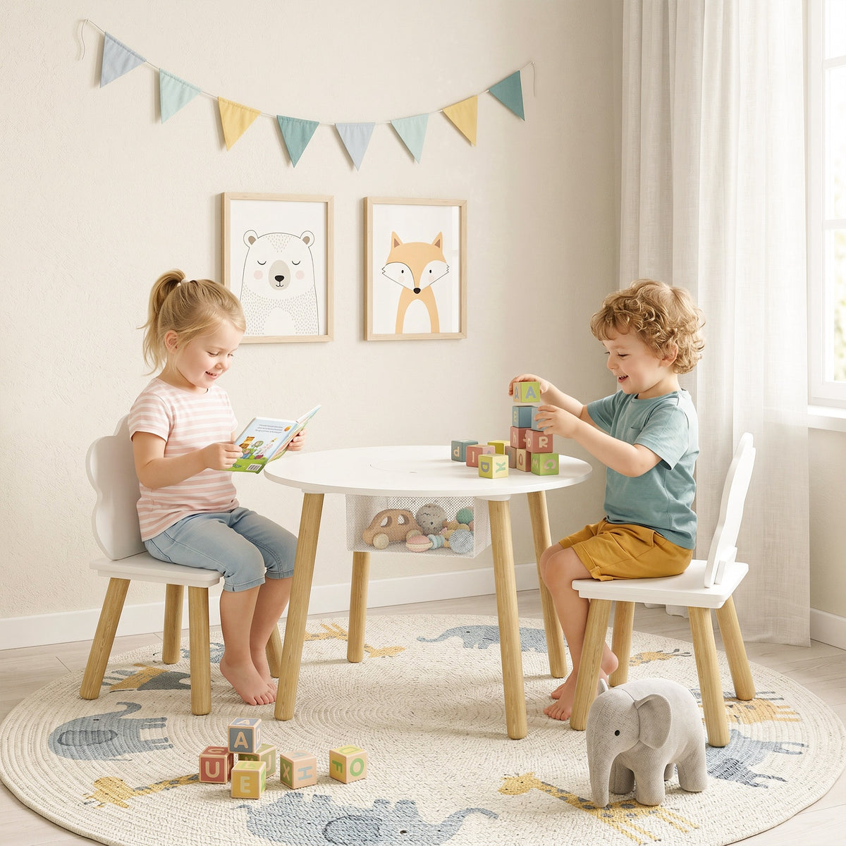 AIYAPLAY 3 Piece Kids Toddler Table And Chairs Set With Storage Bag White