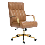 Pu Leather Office Chair With Gold Armrests, Adjustable Height & Tilt, Swivel Base | Brown