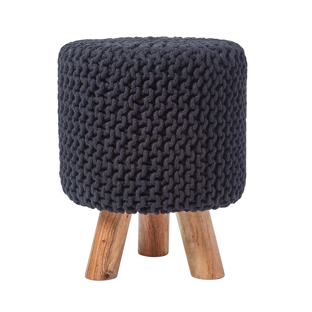 HOMESCAPES Black Tall Cotton Knitted Footstool On Legs