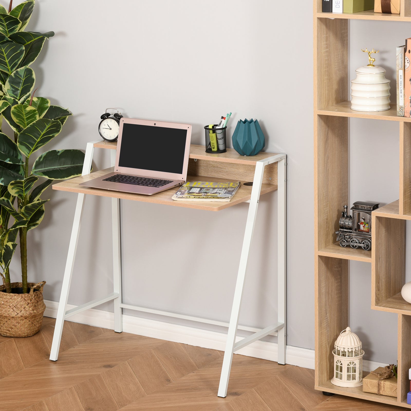 2-tier Storage Computer Workstation With Shelf, Metal Frame | Brown
