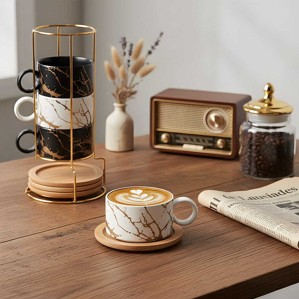 Set Of 4 Ceramic Coffee Cups With Saucers, Spoons & Metal Stand | White & Black