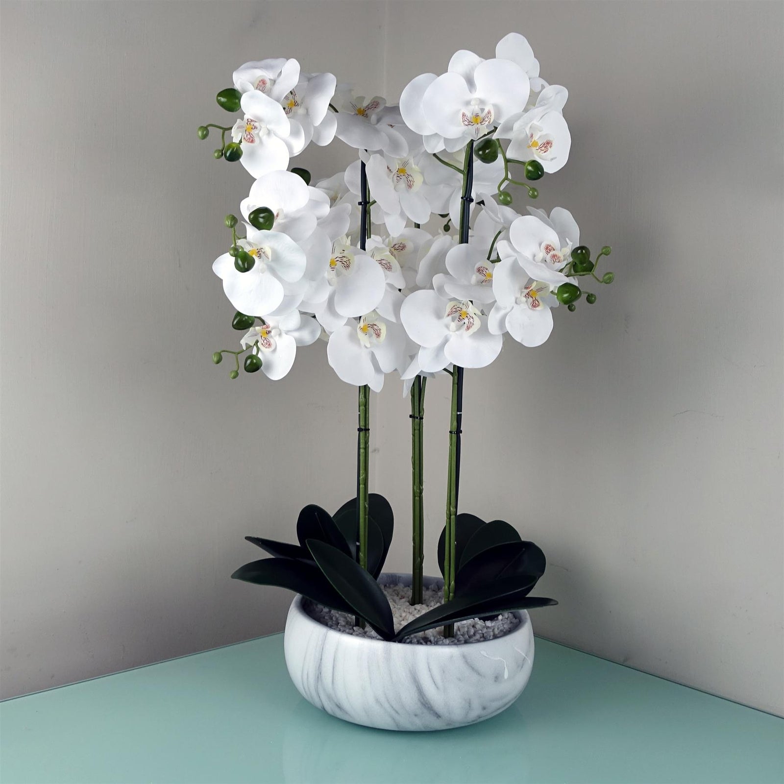 60cm Orchid Artificial White Marble Effect Ceramic Planter