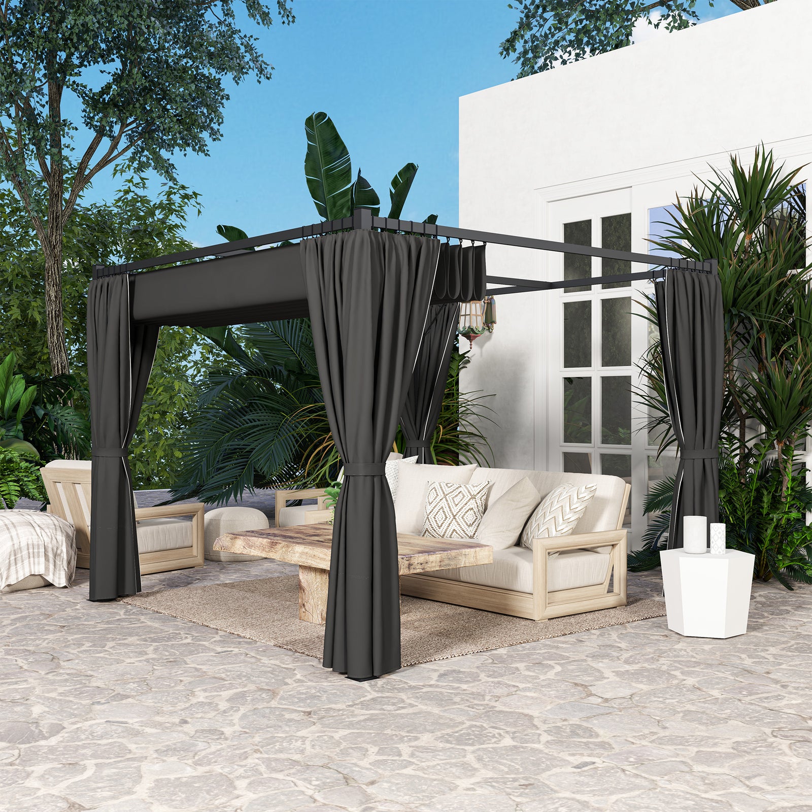 3 X 3(m) Pergola With Retractable Roof And Curtains | Charcoal Gray