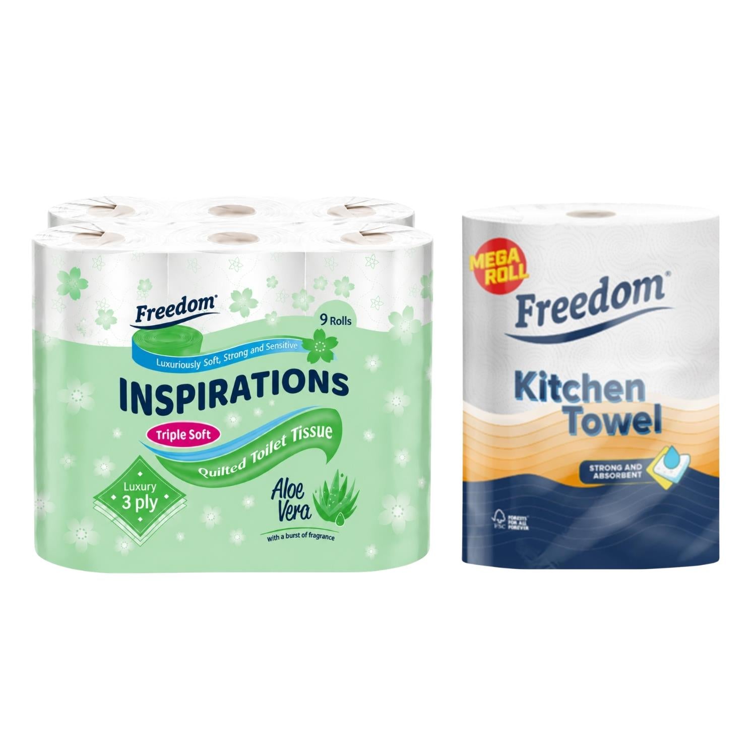 Freedom Aloe 3-ply Toilet Paper 45 Rolls + Rhino Jumbo Kitchen Towels 6 Rolls