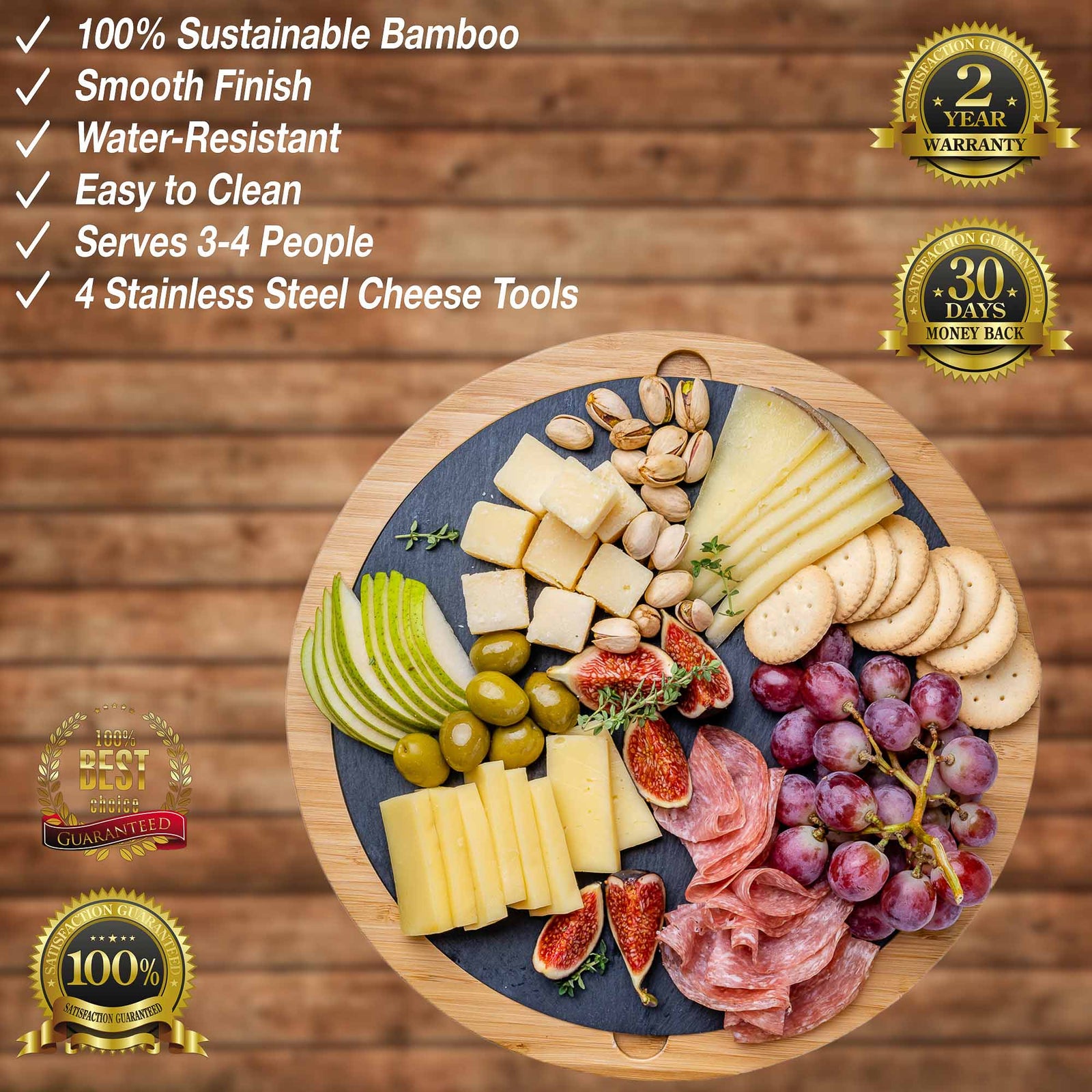 BlauKe Bamboo Cheese Board With Cheese Tool Set And Slate - 30cm Round Charcuterie Board - Wooden Cheese Board Gift Set