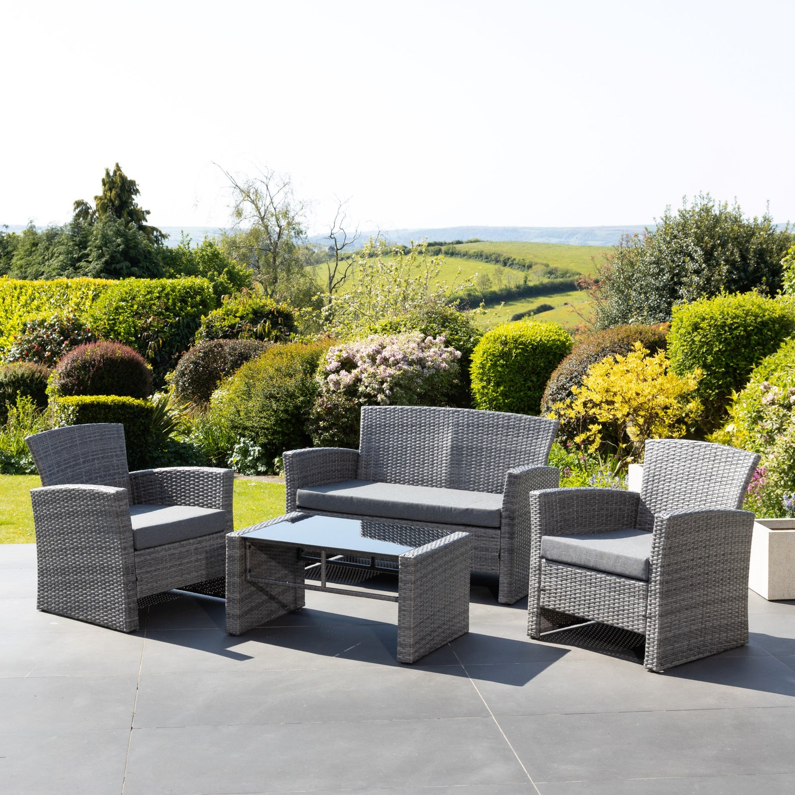 Covea Dark Grey Rattan Lounge Set - 2 Seat Sofa, 2 X Chairs + Table