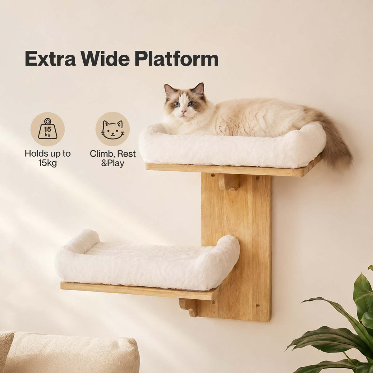 Cat Wall Shelves 2 Platform Steps Rubber Wood For Cat Climbing,white