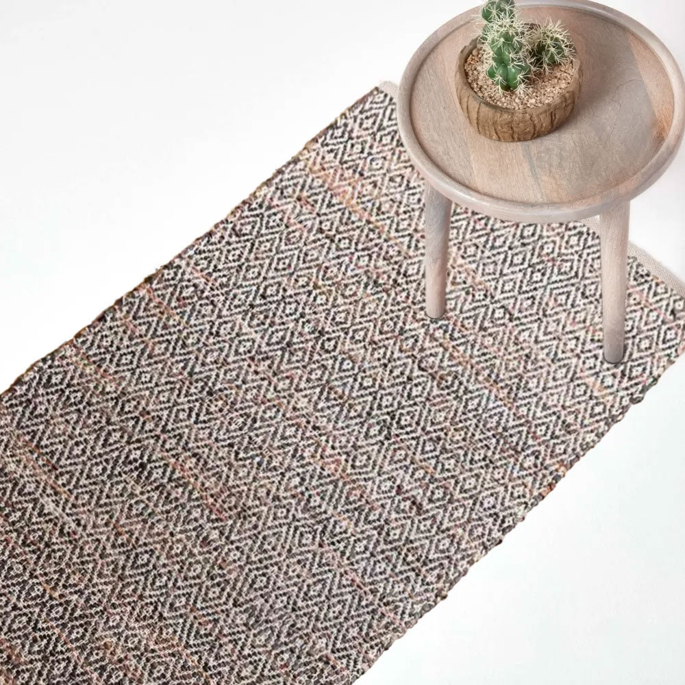 Real Leather Handwoven Diamond Pattern Rug | 200cm | Brown