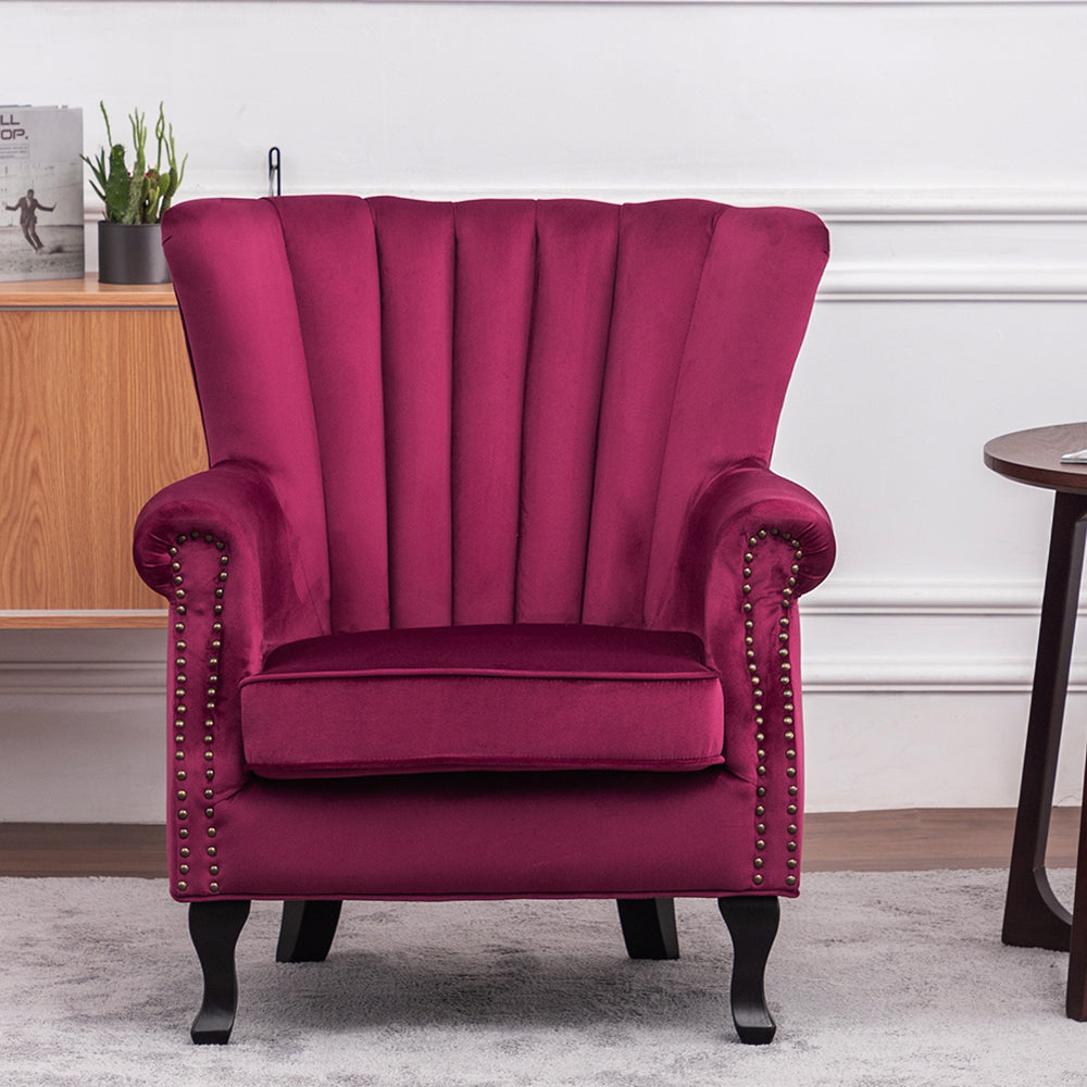 Vintage Old-fashion Velvet Wing Back Armchair With Studs | Wine