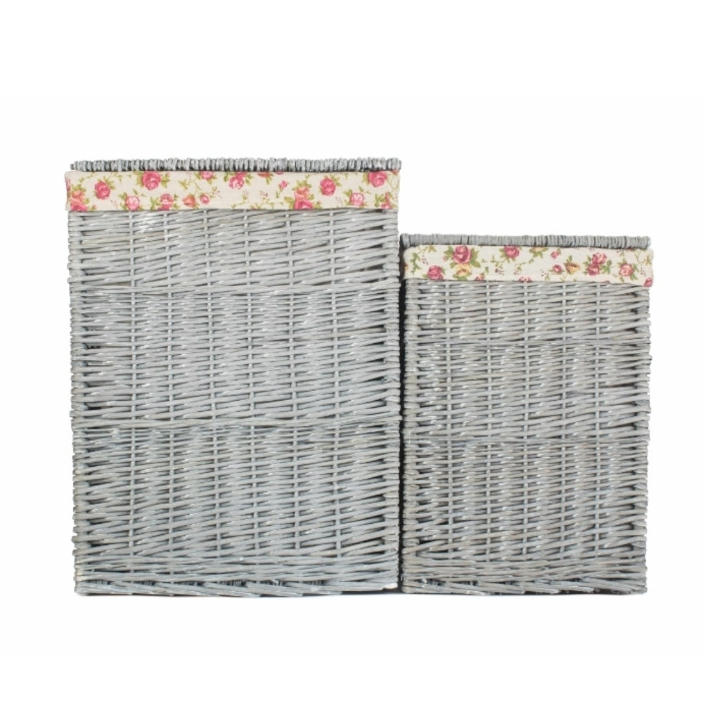 Grey Wash Square Laundry Basket With Garden Rose Lining