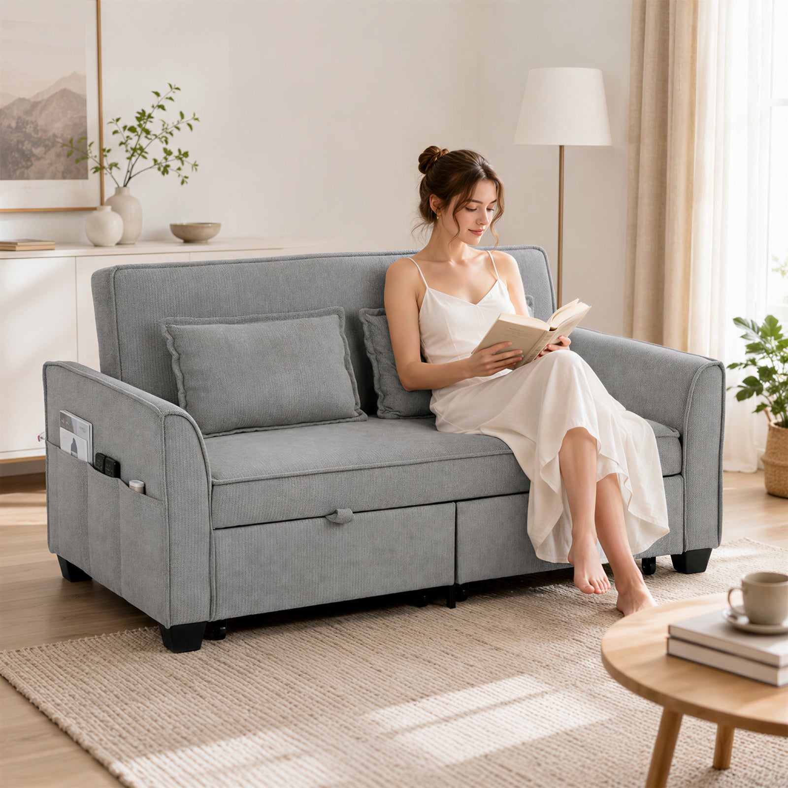 2 Seater Sofa Bed, 4-in-1 Convertible Pull Out Sleeper Sofa | Grey