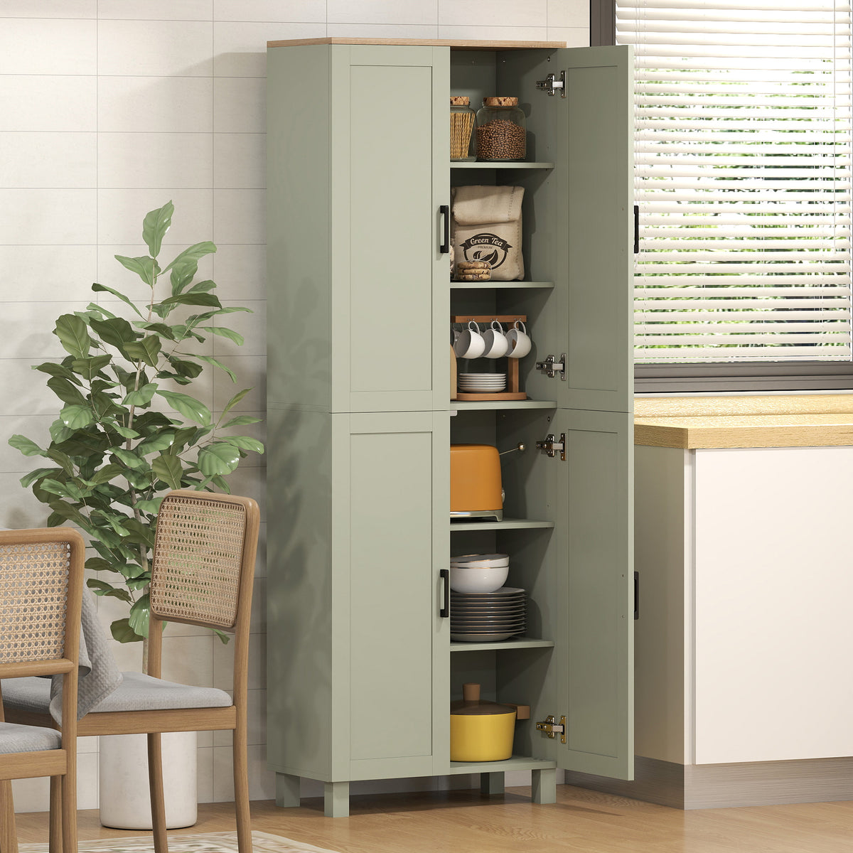 HOMCOM Modern Kitchen Cupboard Storage Cabinet With 6 Shelves, Green