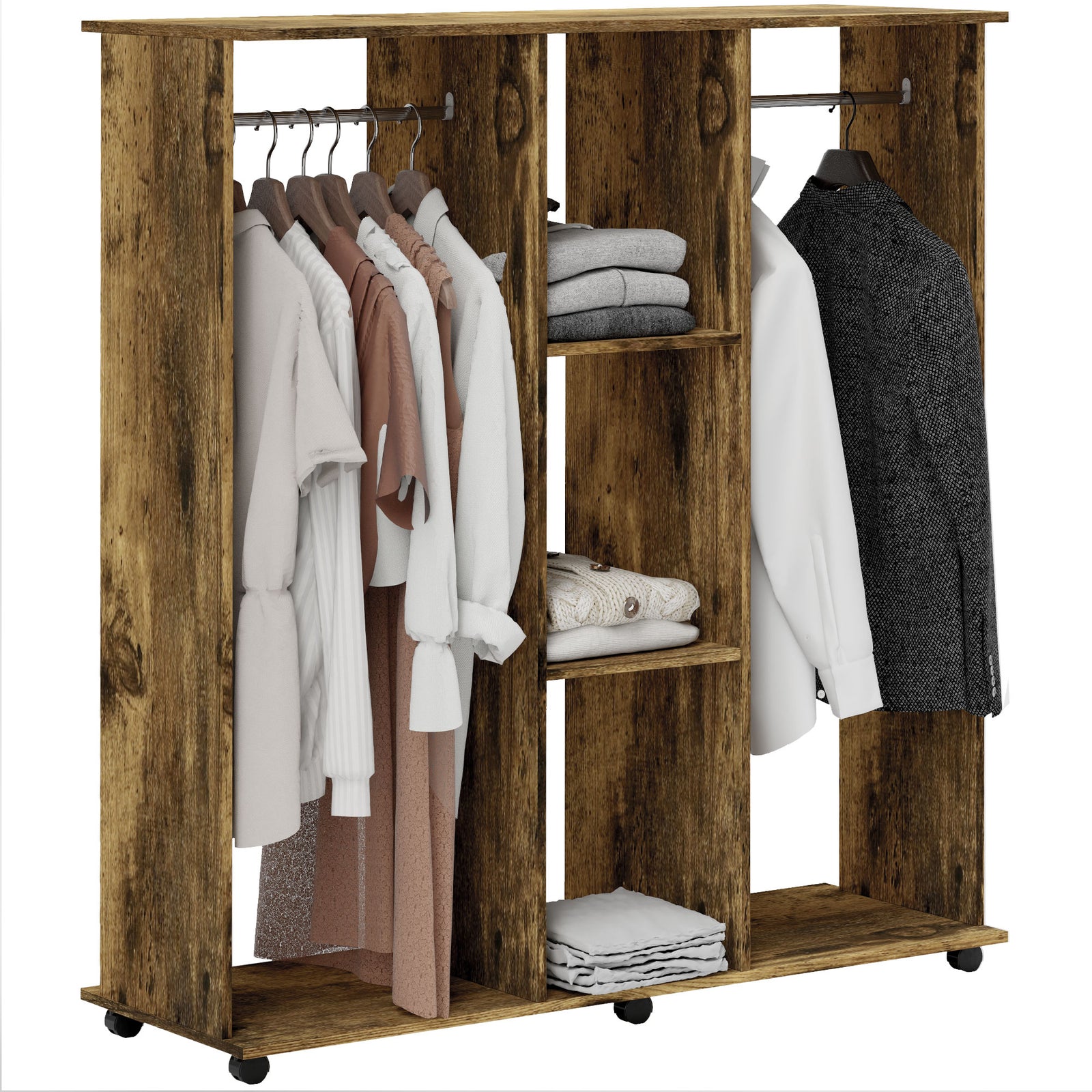 Mobile Double Open Wardrobe W/ Clothes Hanging Rail | Brown