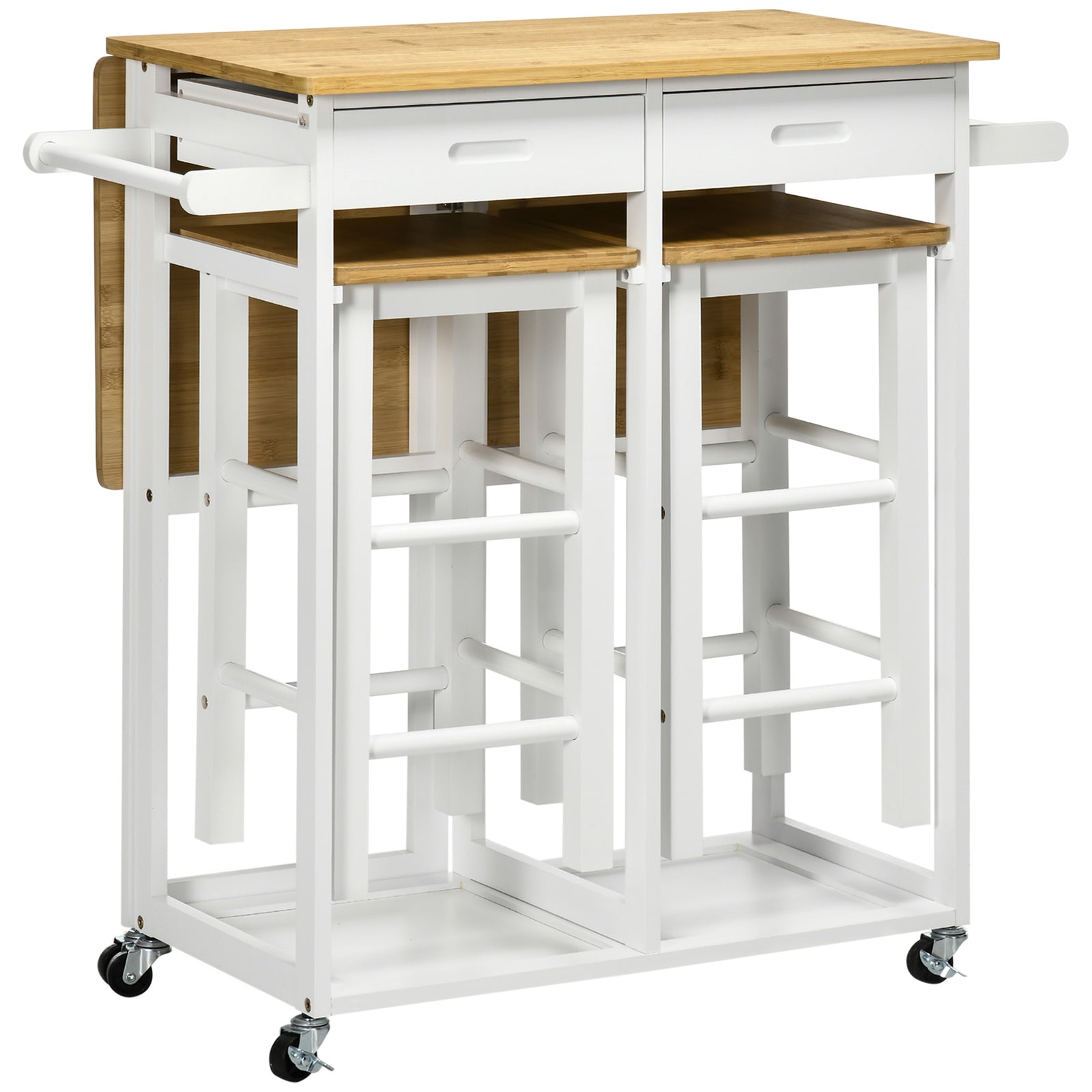 Drop Leaf Bamboo Breakfast Cart With Two Kitchen Stools