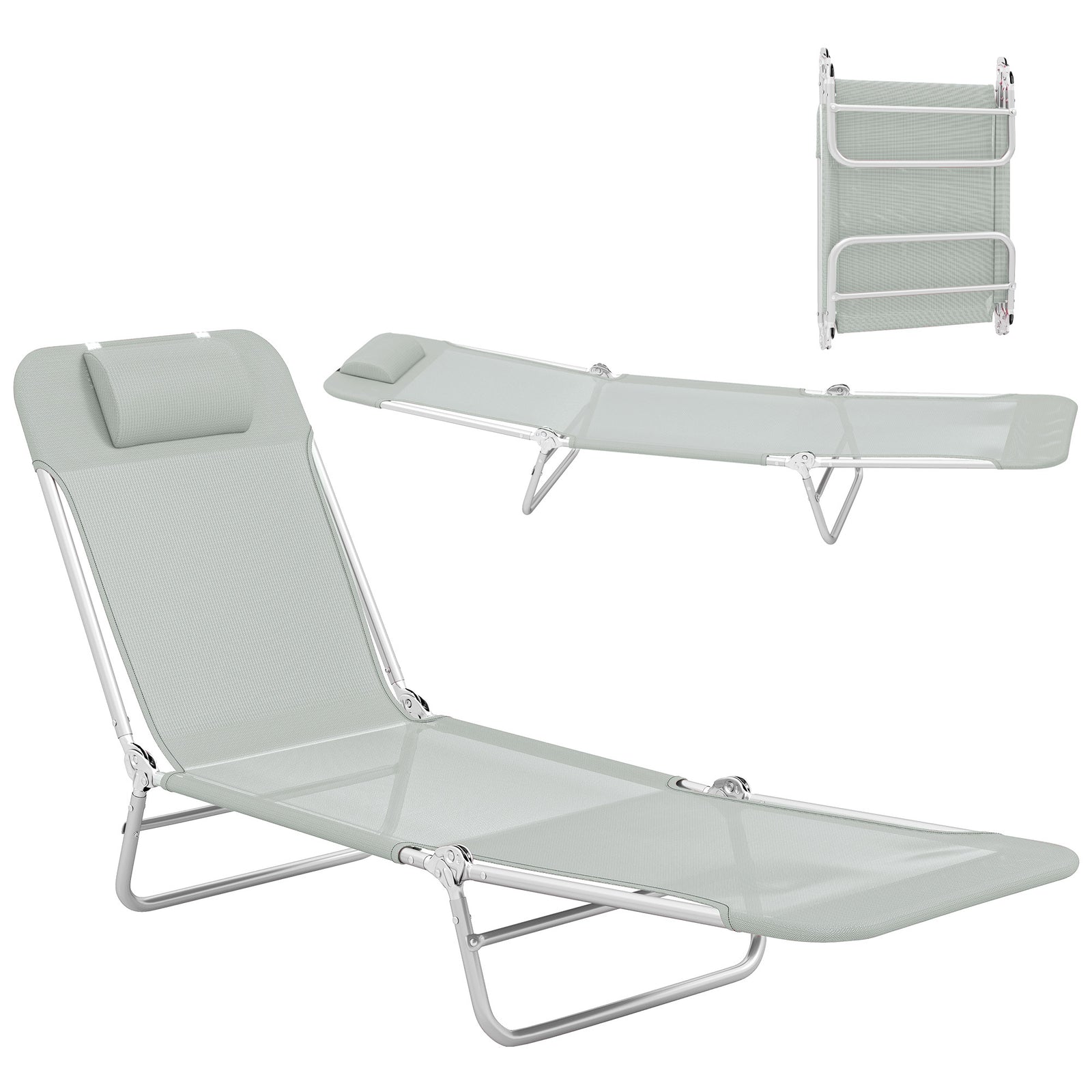 Sun Lounger Foldable Reclining Chair With Headrest | Light Grey