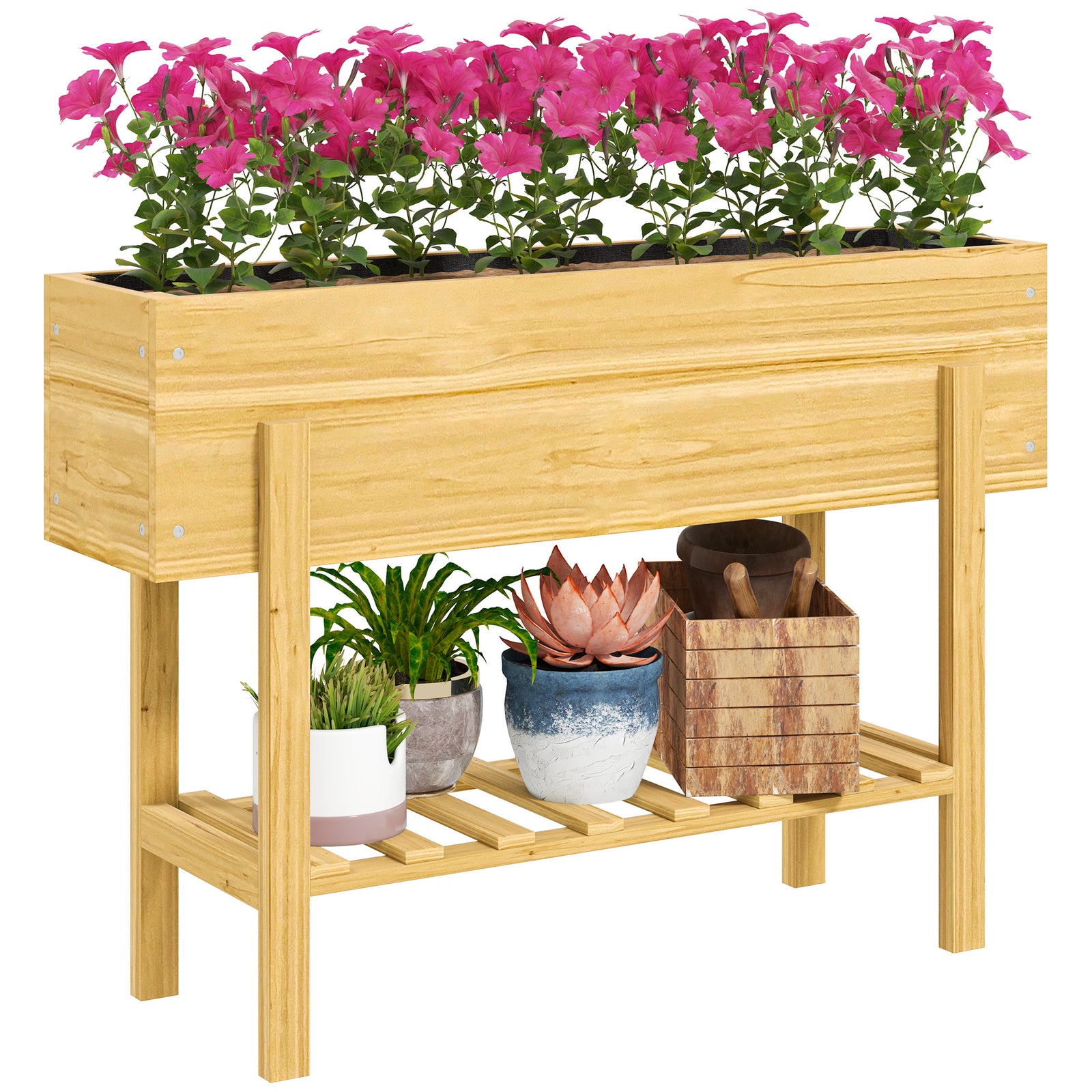 Wooden Raised Bed W/ Bed Liner, Storage Shelf | Natural