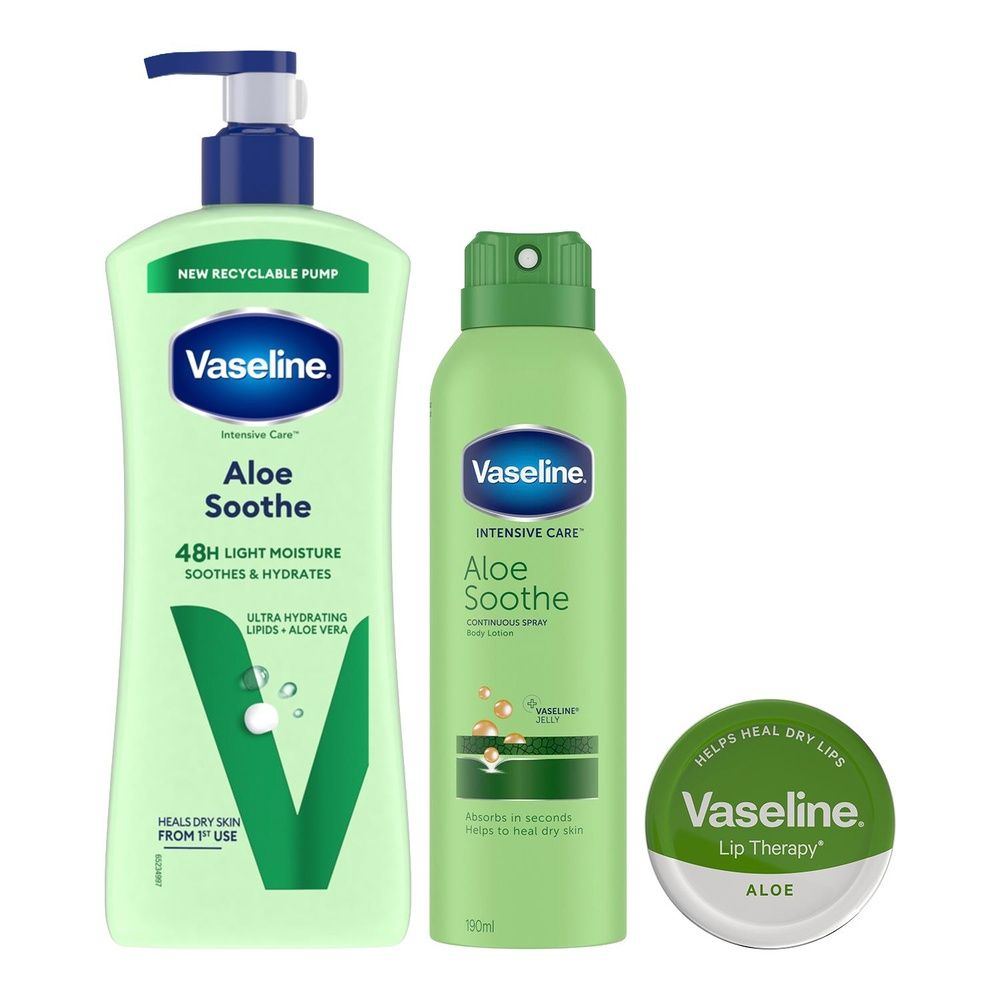 Vaseline Gift Set Aloe Soothe Lotion 600ml, Spray 190ml & Lip Therapy 20g