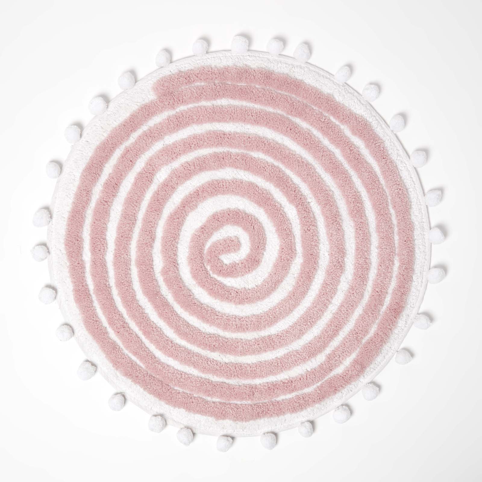 Spiral Cotton Round Bath Mat With Pom Pom Edges | 60cm | Blush Pink