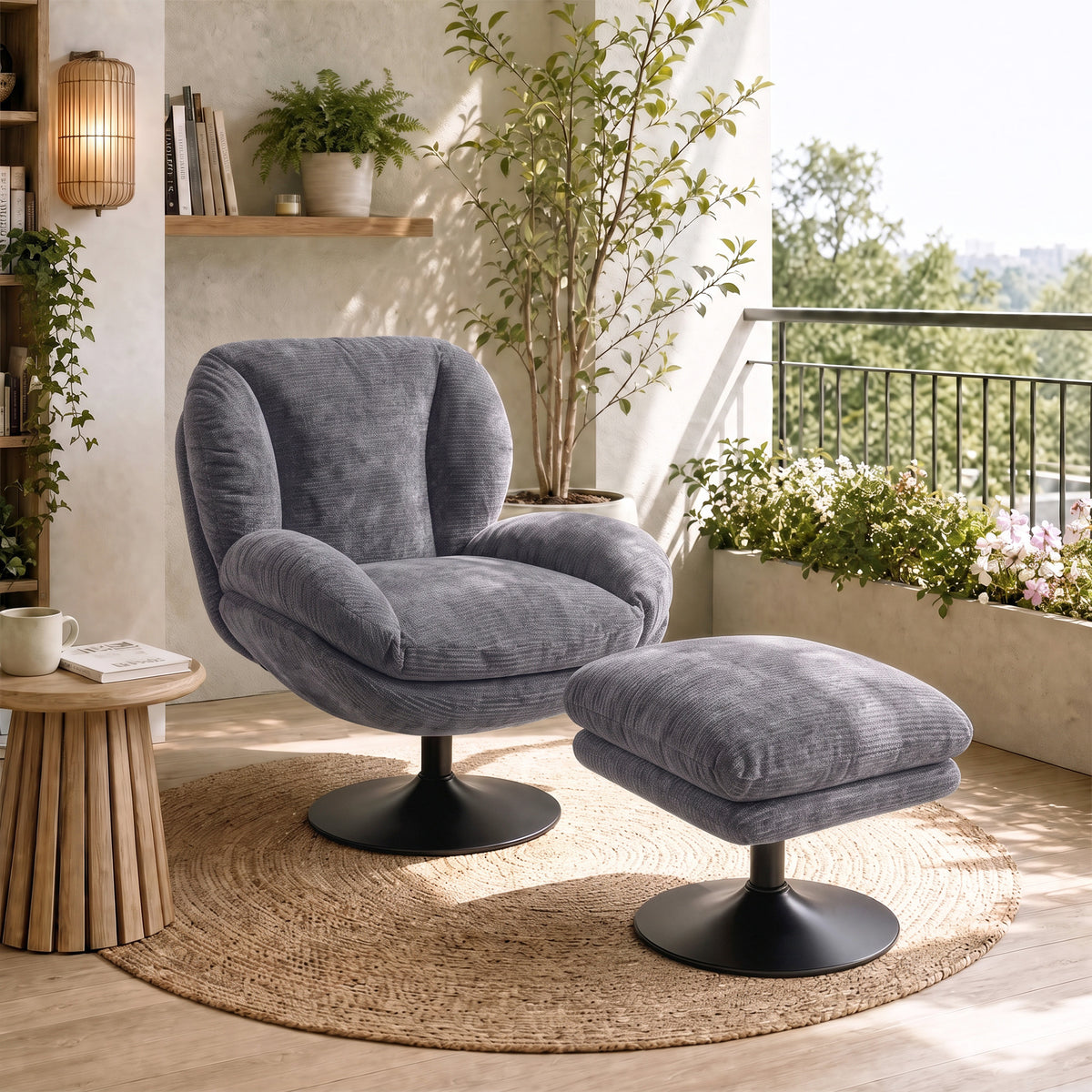 Chenille Lazy Chair With Ottoman, 360 Swivel | Dark Grey