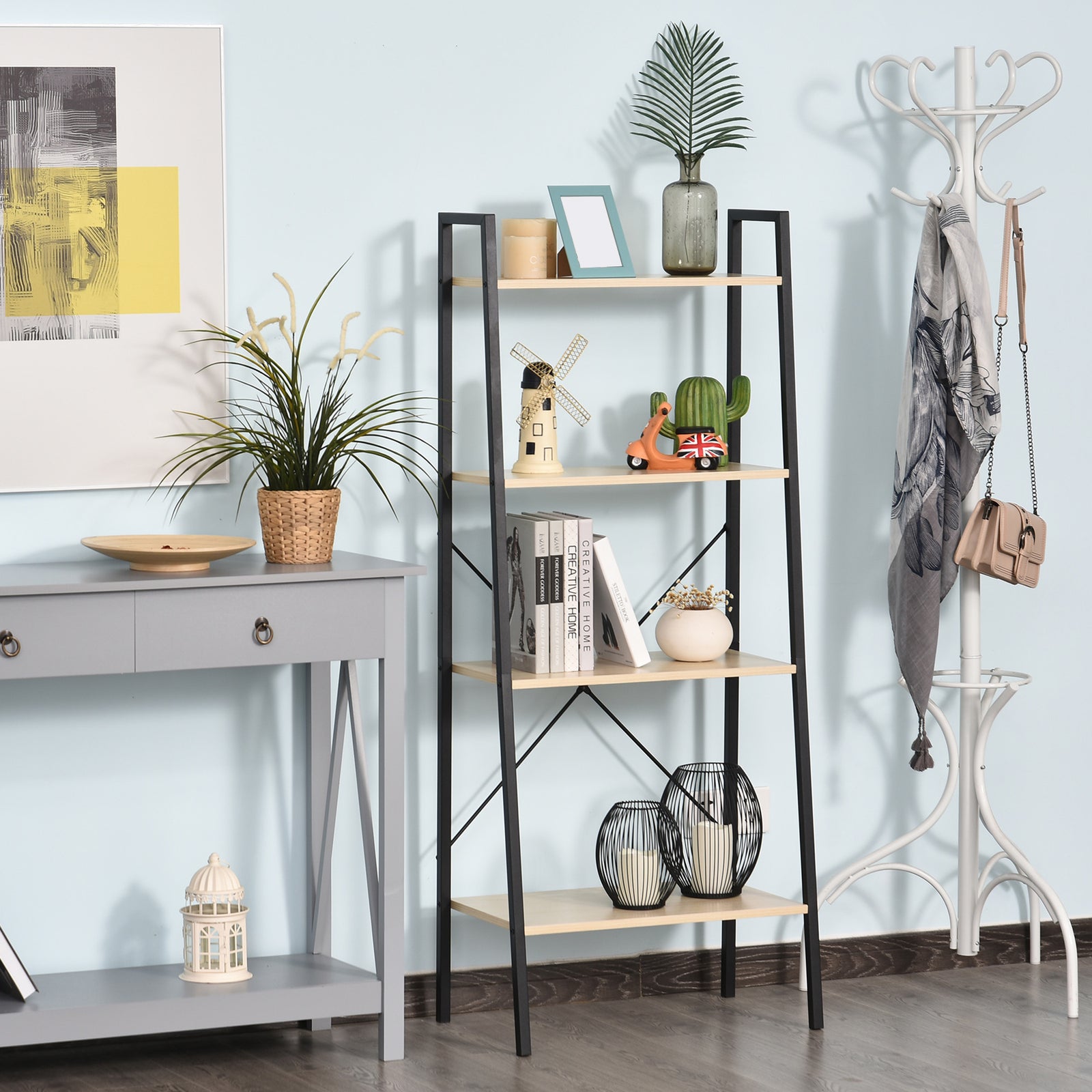 4-tier Minimalistic Ladder Shelf Unit Steel Frame Display | One Size | Beige