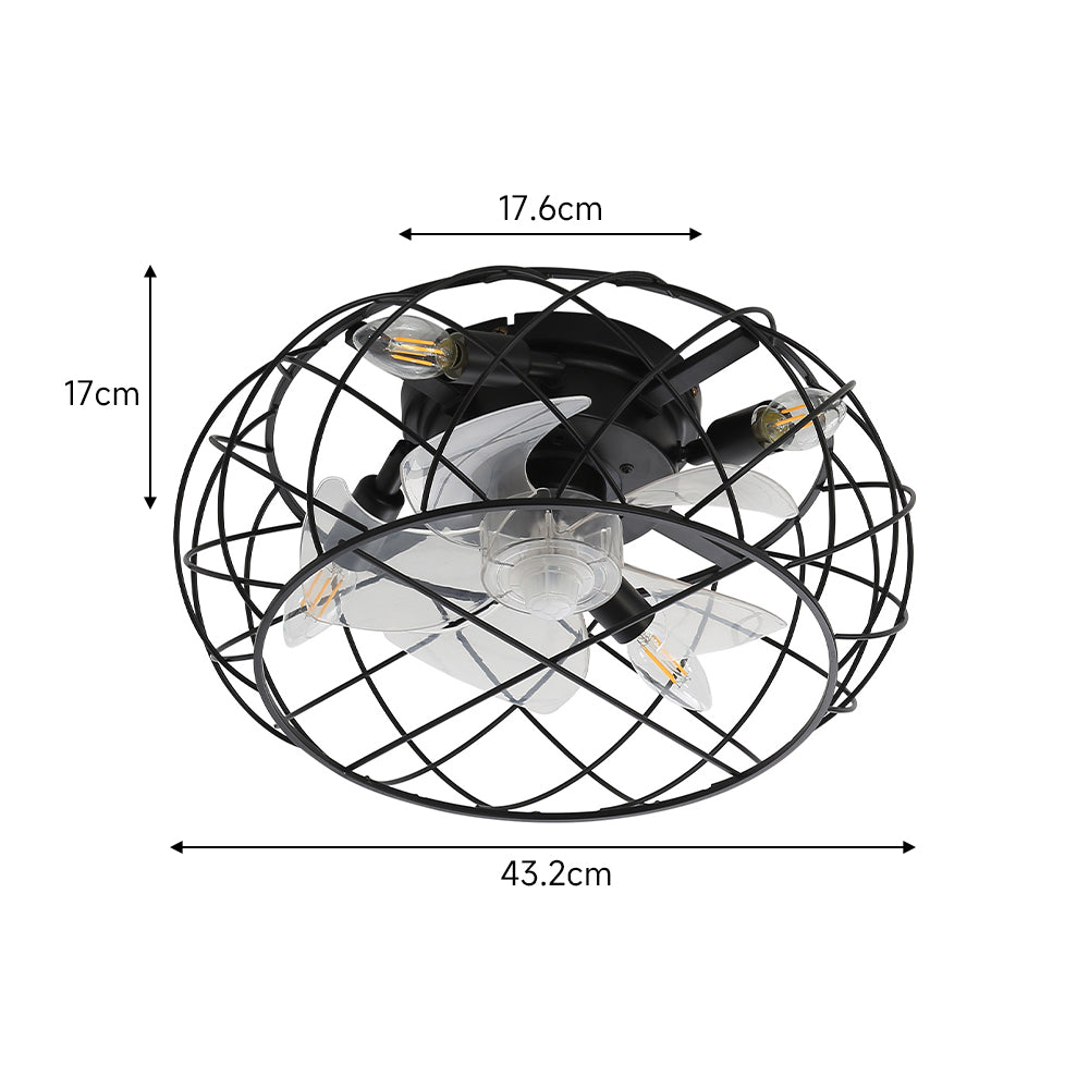 17 Inch Black Flush Mount Cage Ceiling Fan Light With Remote Control Compact Industrial Fan