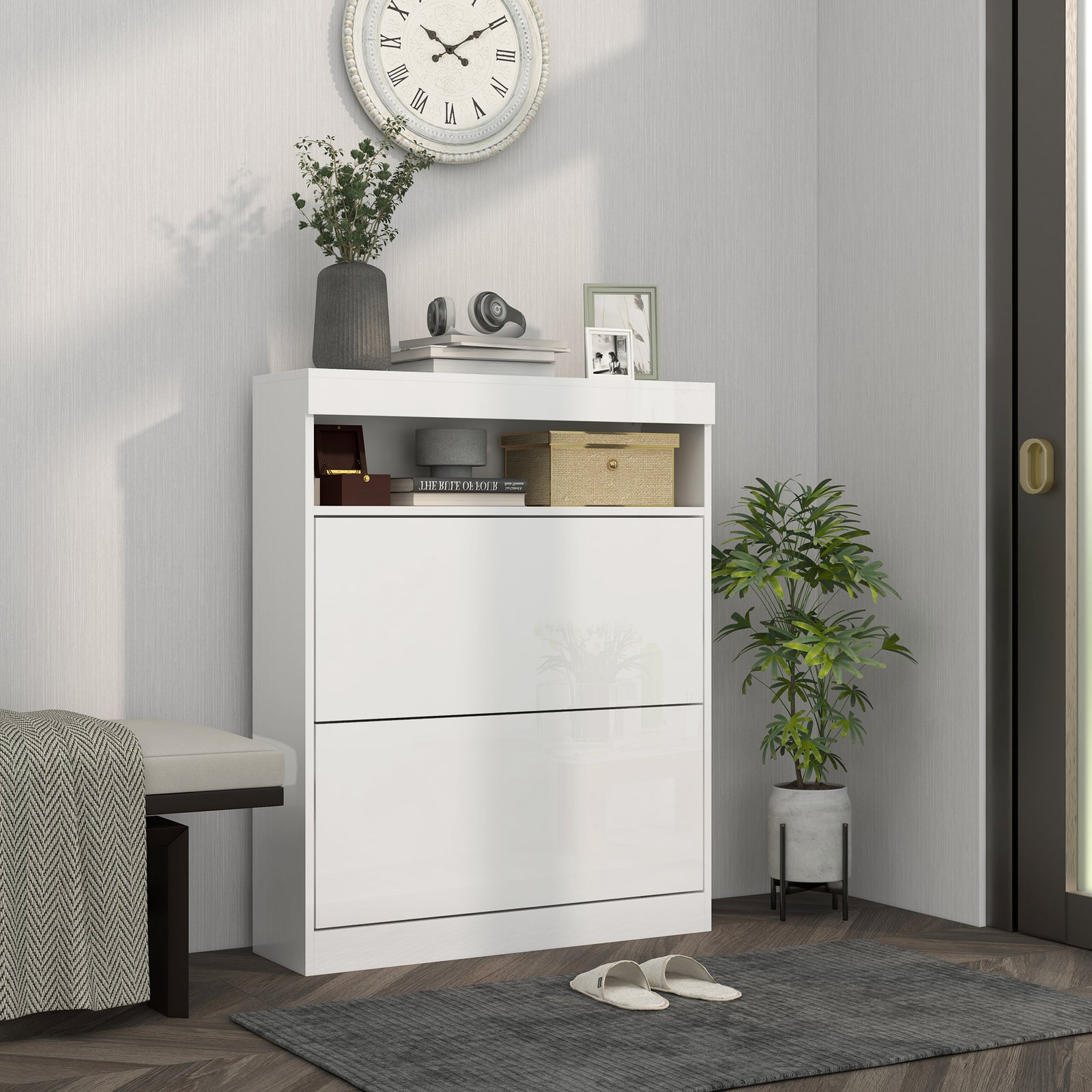 Wall Mounted Freestanding Shoe Cabinet With 2 Flip Drawers | One Size | White