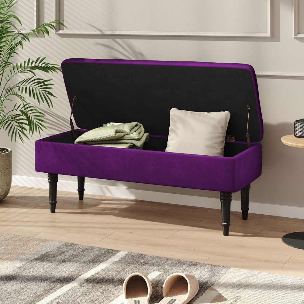 Velvet Upholstered Storage Bench With Button-tufted Seat And Rubberwood Legs | Dark Purple