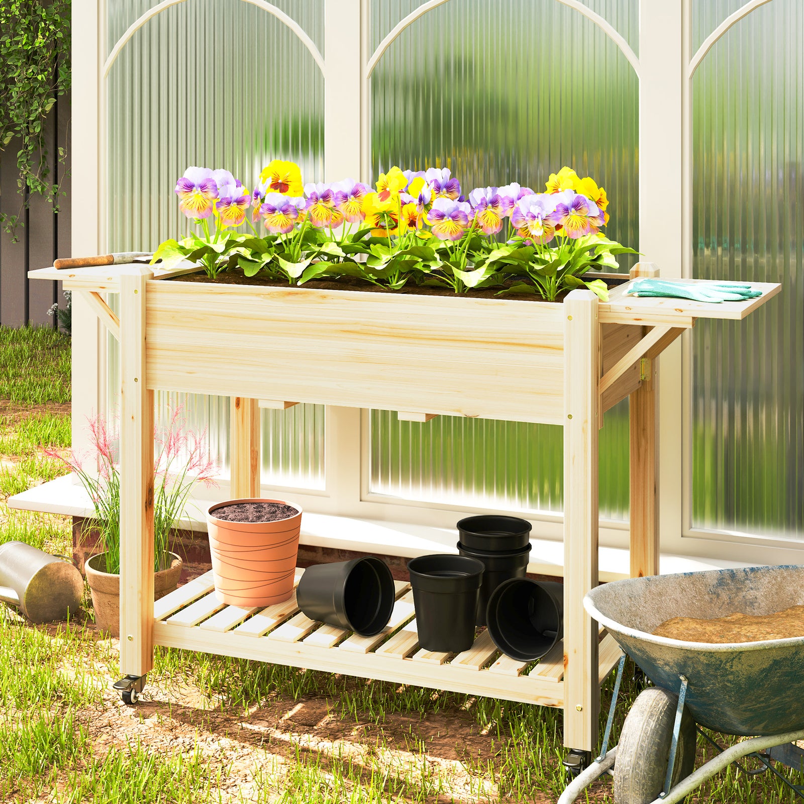 Wooden Raised Planter W/ Lockable Wheels, Liner | Natural