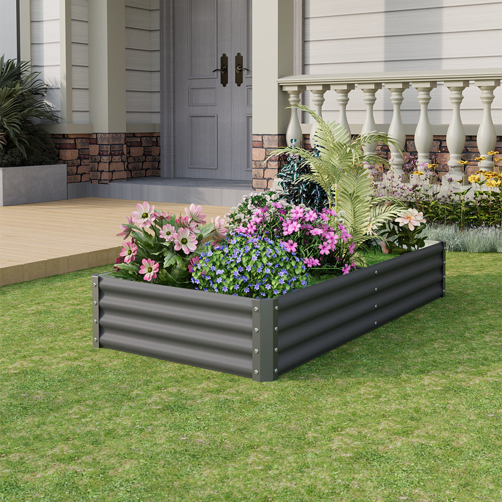 Rectangular Garden Bed – Durable Steel Raised Planter With Safe Edges,180cm W X 90cm D X 30cm H, 2 Support Bars | Grey