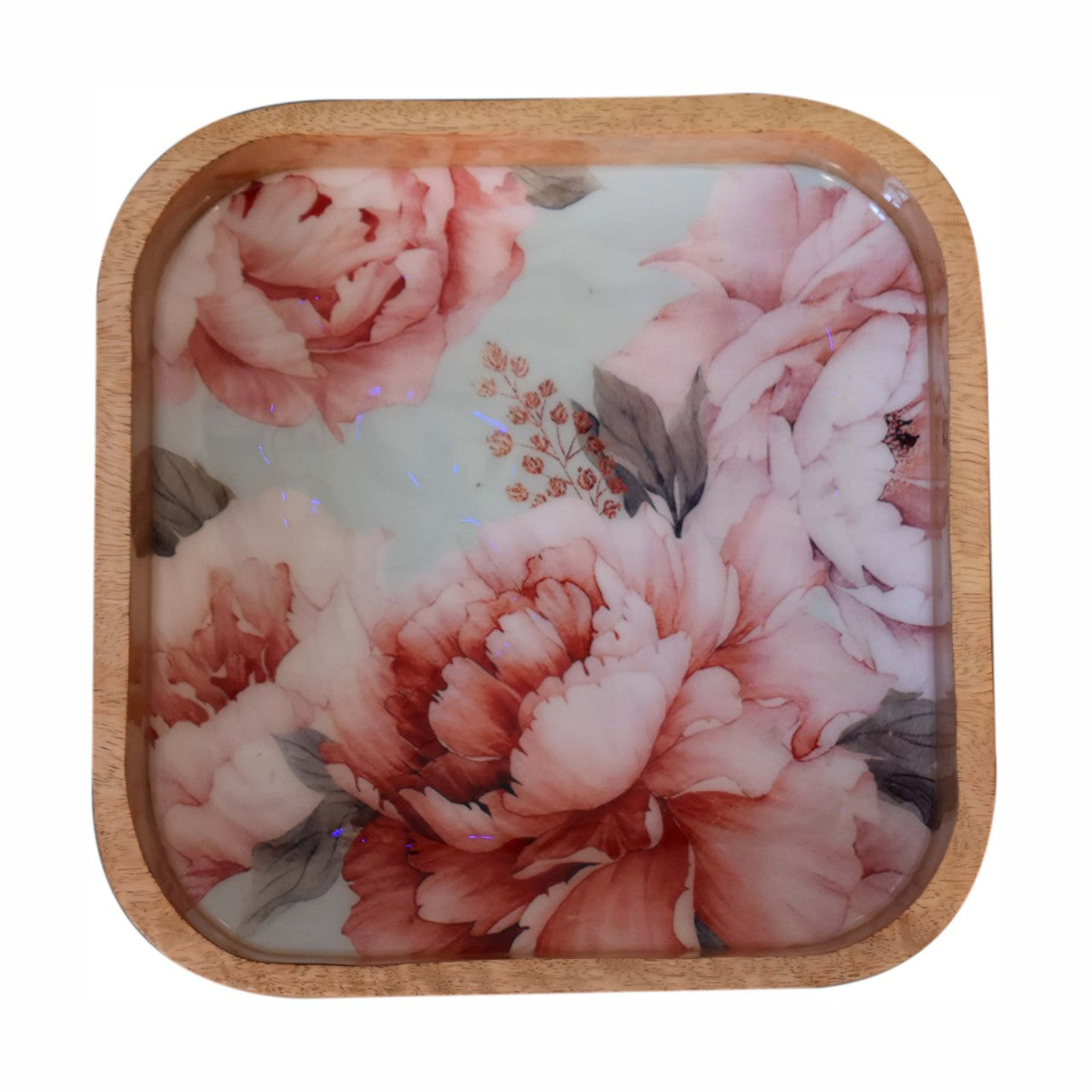 Solid Wood Pink Floral Square Bowl Set Of 2