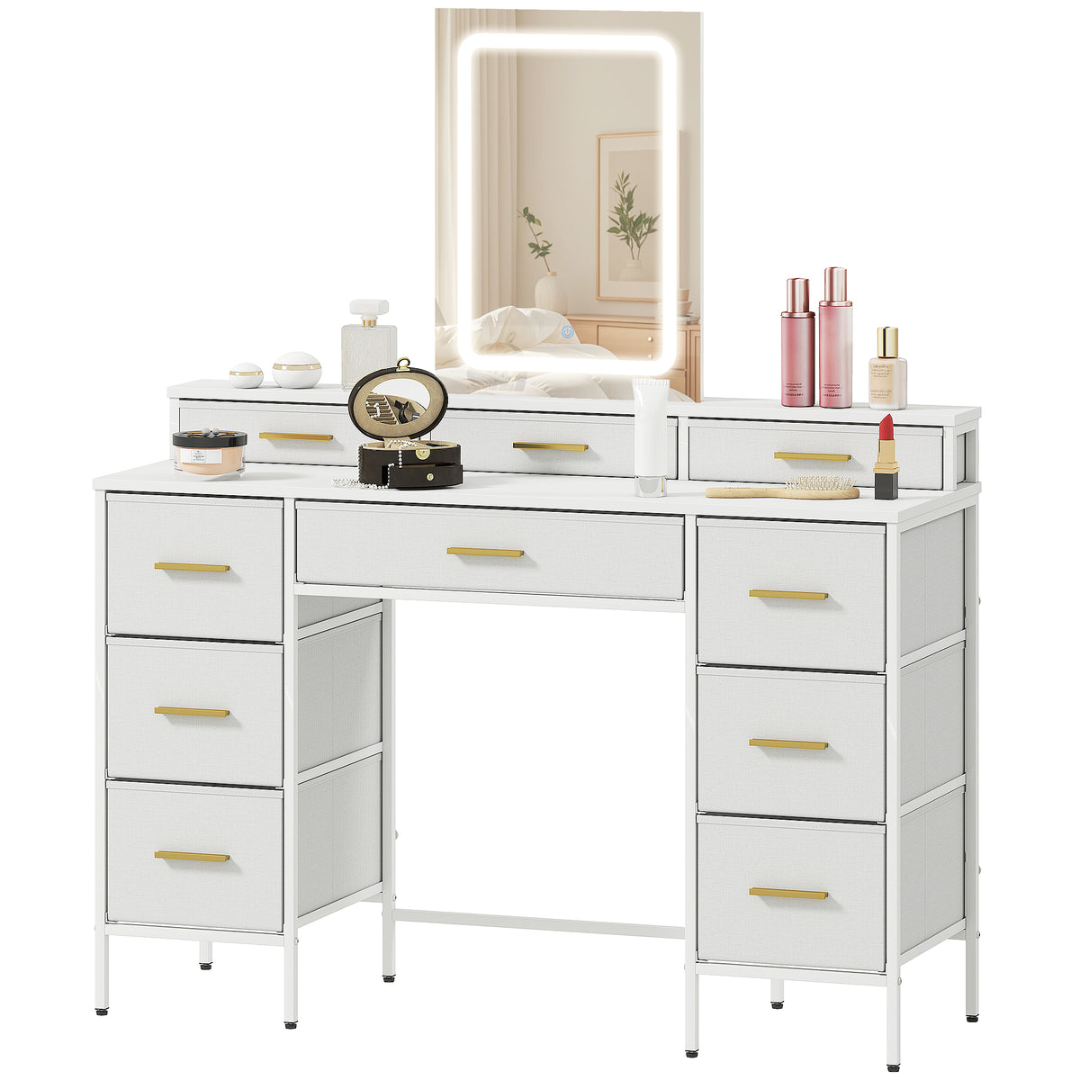 HOMCOM Dressing Table With Led Lighting Mirror And 10 Drawers, White