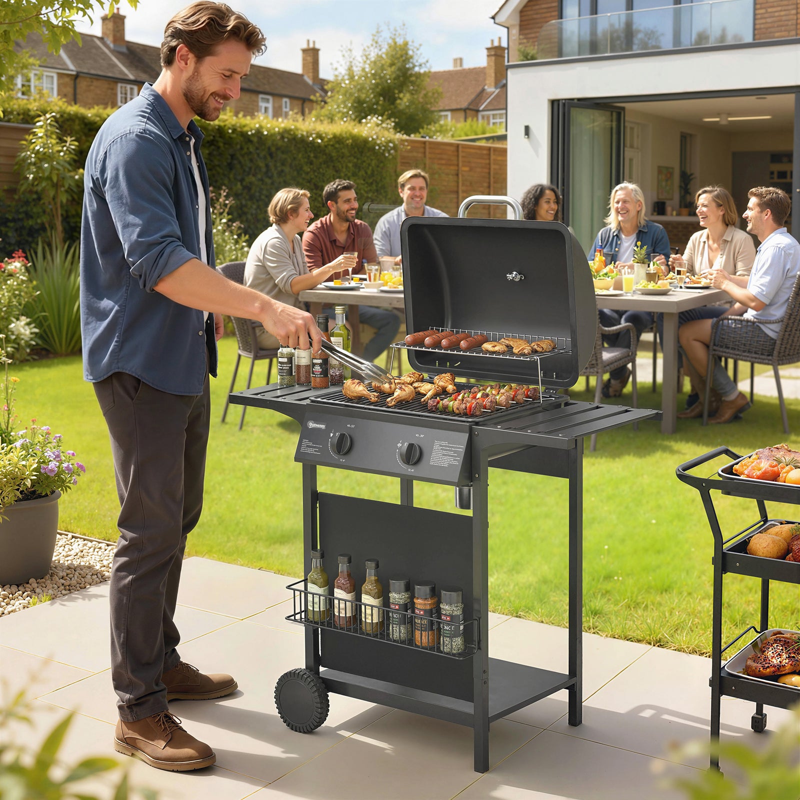 Outsunny Gas Burner Barbecue Grill, Garden Bbq Grill With Warming Rack