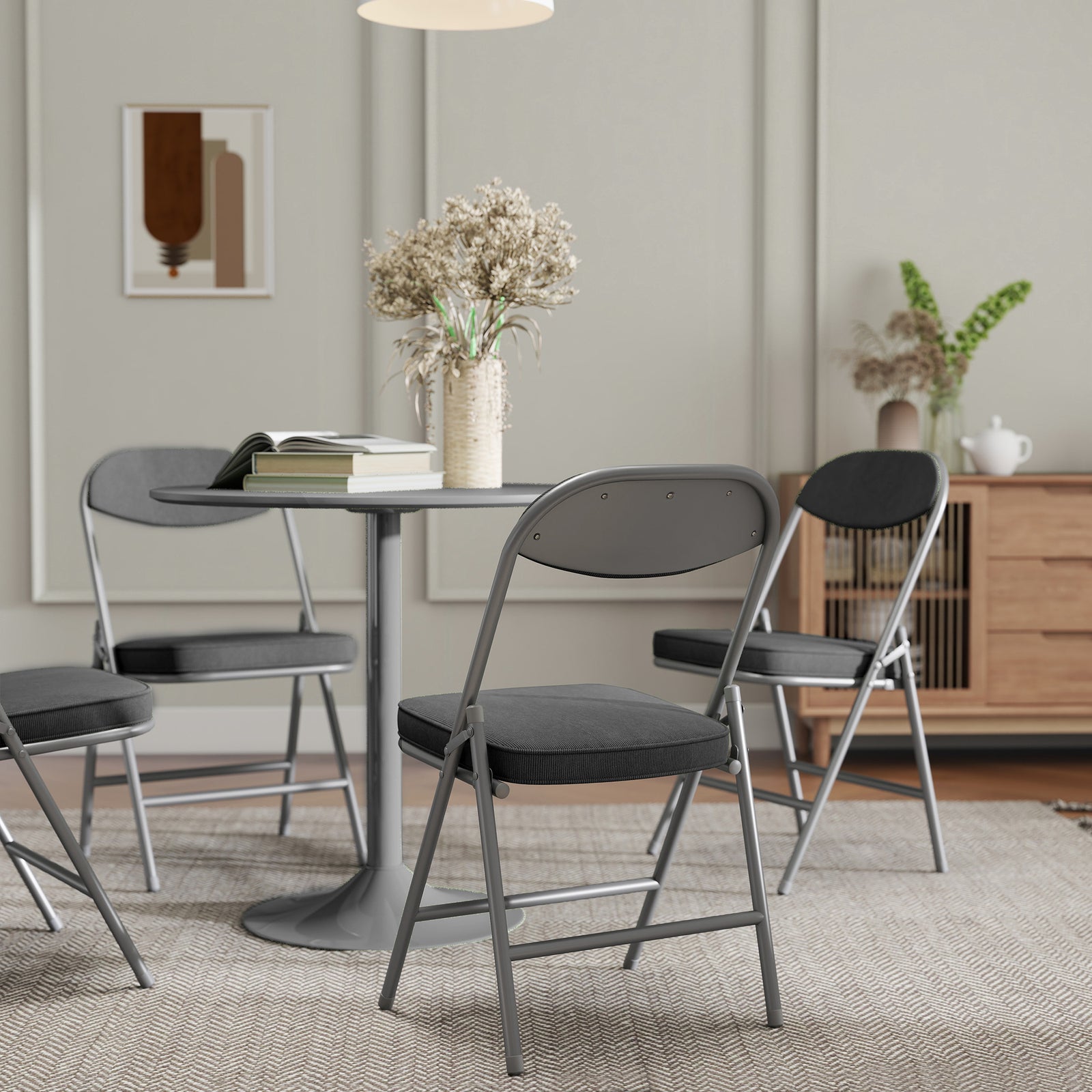 Folding Chairs Set Of 4 With Cushioned Seat, Steel Frame, Dark Grey | Dark Grey