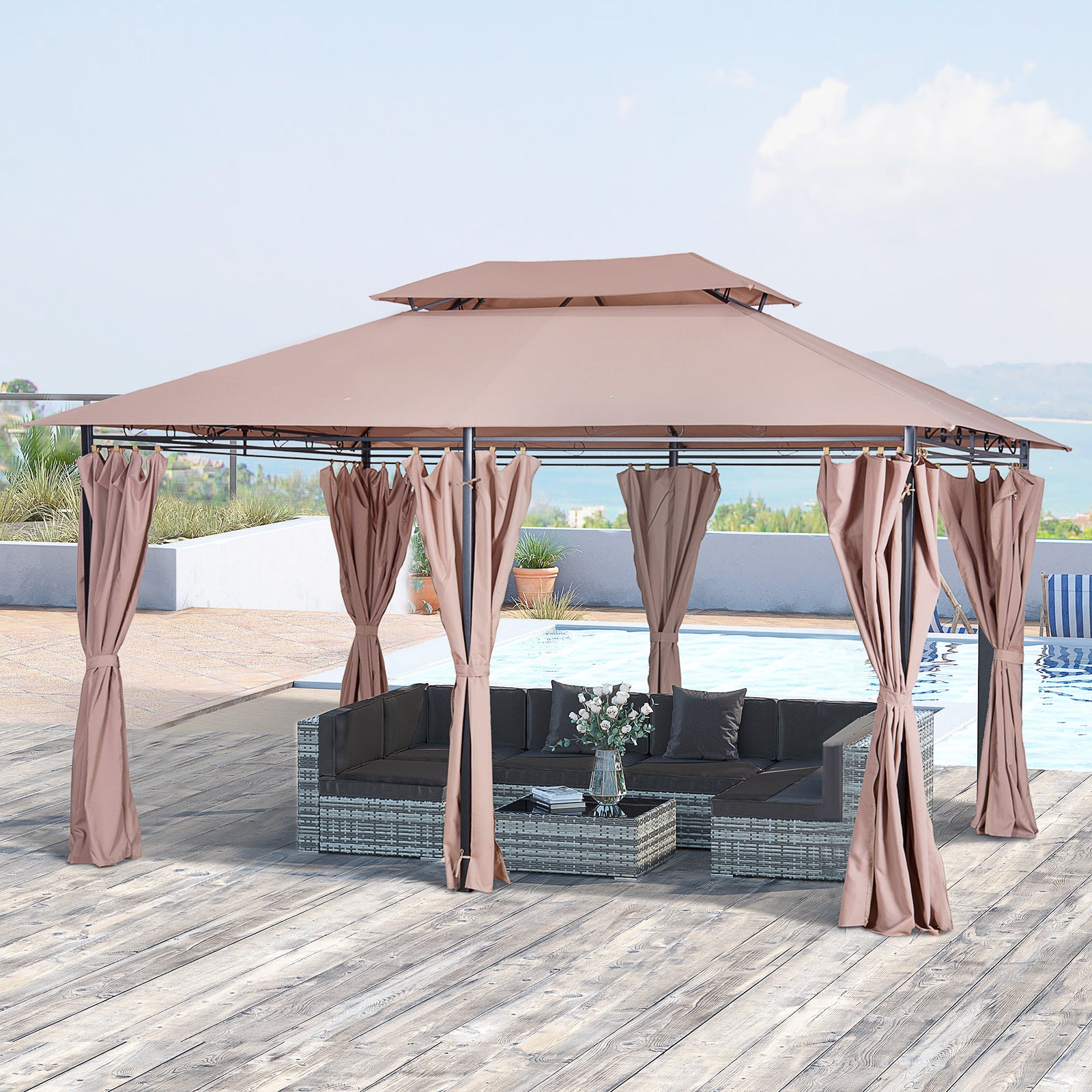 4m X 3(m) Outdoor 2-tier Steel Frame Gazebo W/ Curtains | Brown