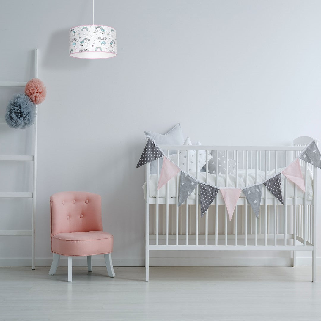 Unicorn Pendant Lamp 1xe27 Perfect For Nursery Or Bedroom 30cm Shade Hand Made With Pastel Colurs And Unicorn Motifs