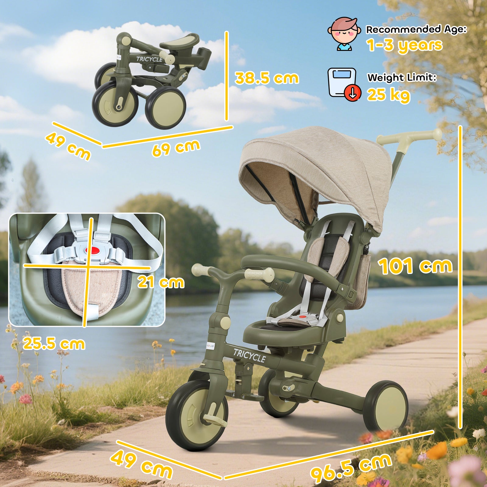 5 In 1 Foldable Kids Trike, Toddler Tricycle For 1-3 Years | Green