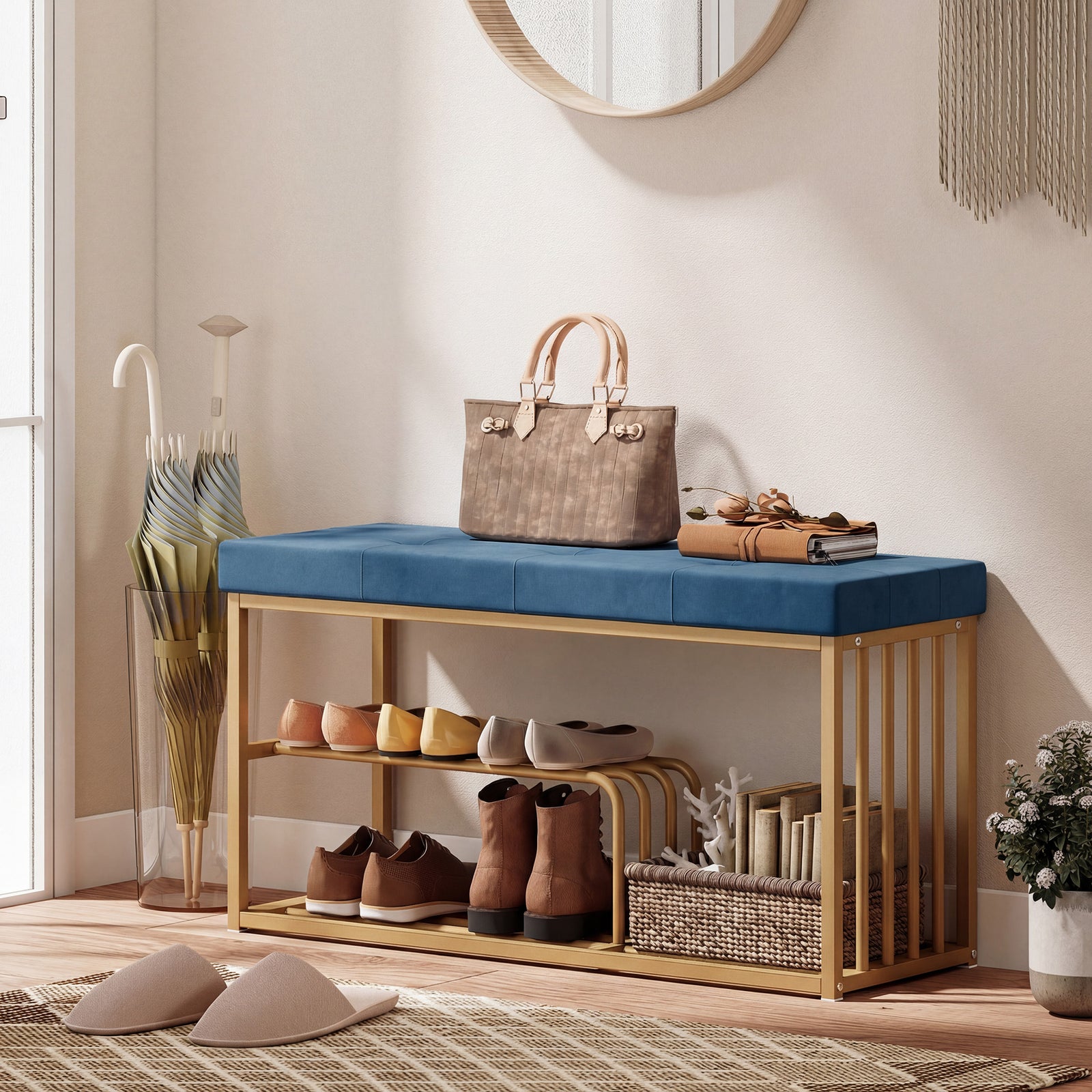 Shoe Storage Bench With Seat Cushion Tufted Shoe Rack Bench | Dark Blue