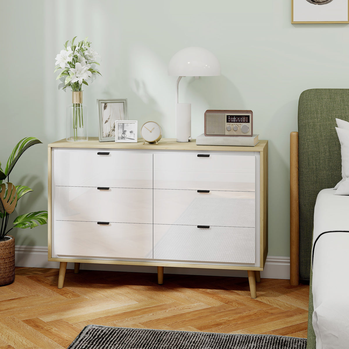 HOMCOM Storage Cabinet With 6 Drawers And 5 Legs, High Gloss White