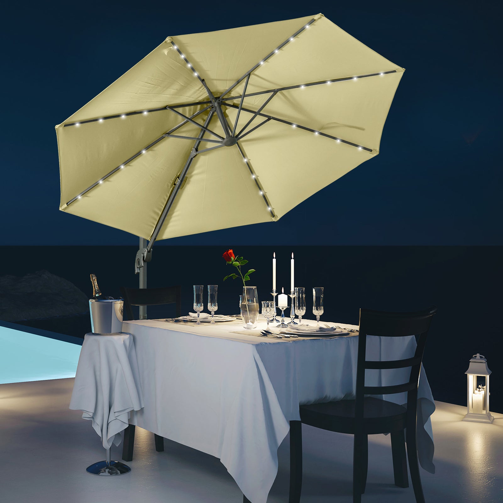3m Led Cantilever Parasol W/ Solar Lights & Base