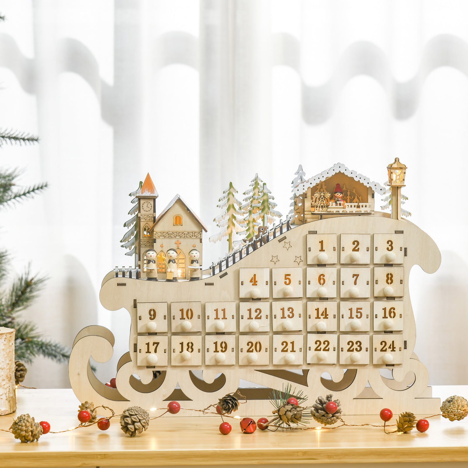 Christmas Advent Calendar Light Up Sleigh W/ Countdown Drawer, Village