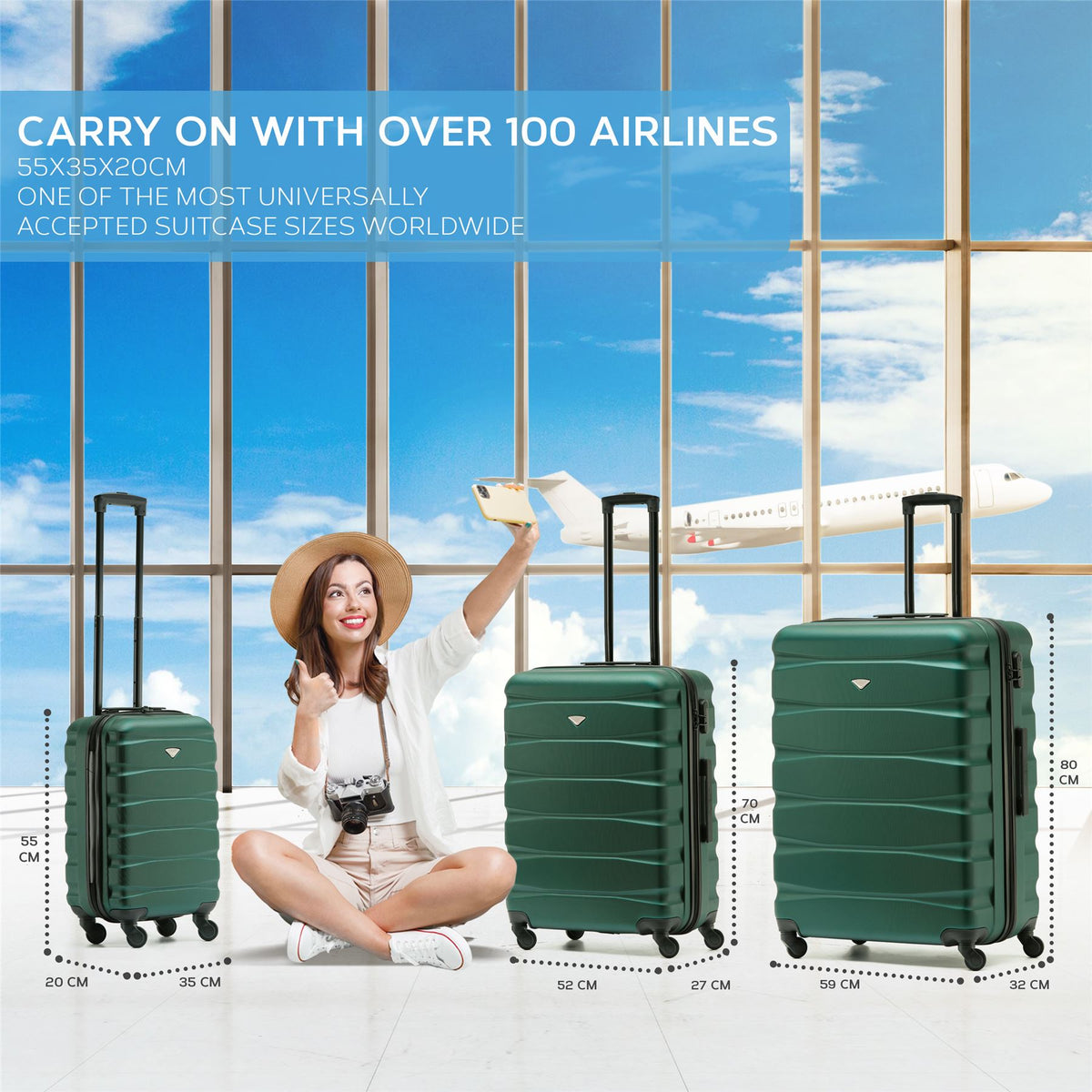 Set Of 3 Hard Shell Suitcase Cabin & Check In Cases With Tsa Lock - Overhead Cabin With Medium & Large Check-in Bag | Set of 3 | Forest Green