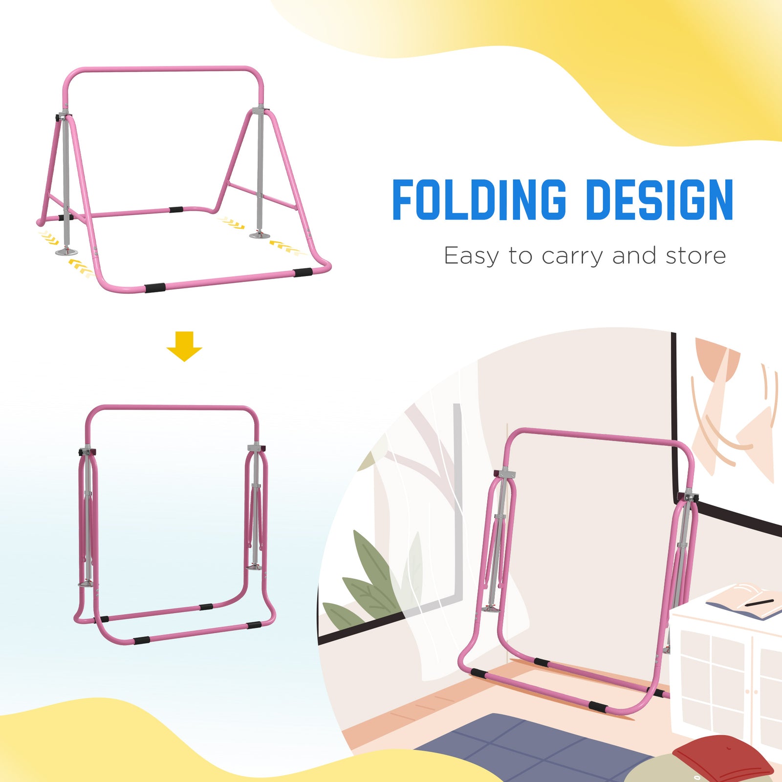 Kids Gymnastic Bar W/ Adjustable Height, Foldable Training Bar | Pink