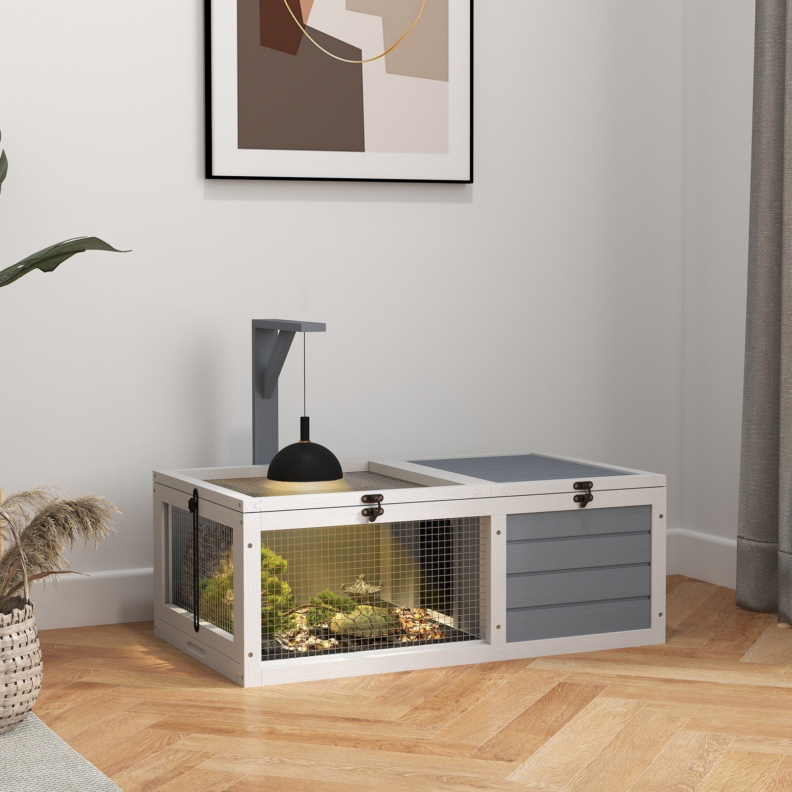 Pawhut Tortoise Enclosure W/ Run, Lamp Holder, Pull Out Trays, Hideaway