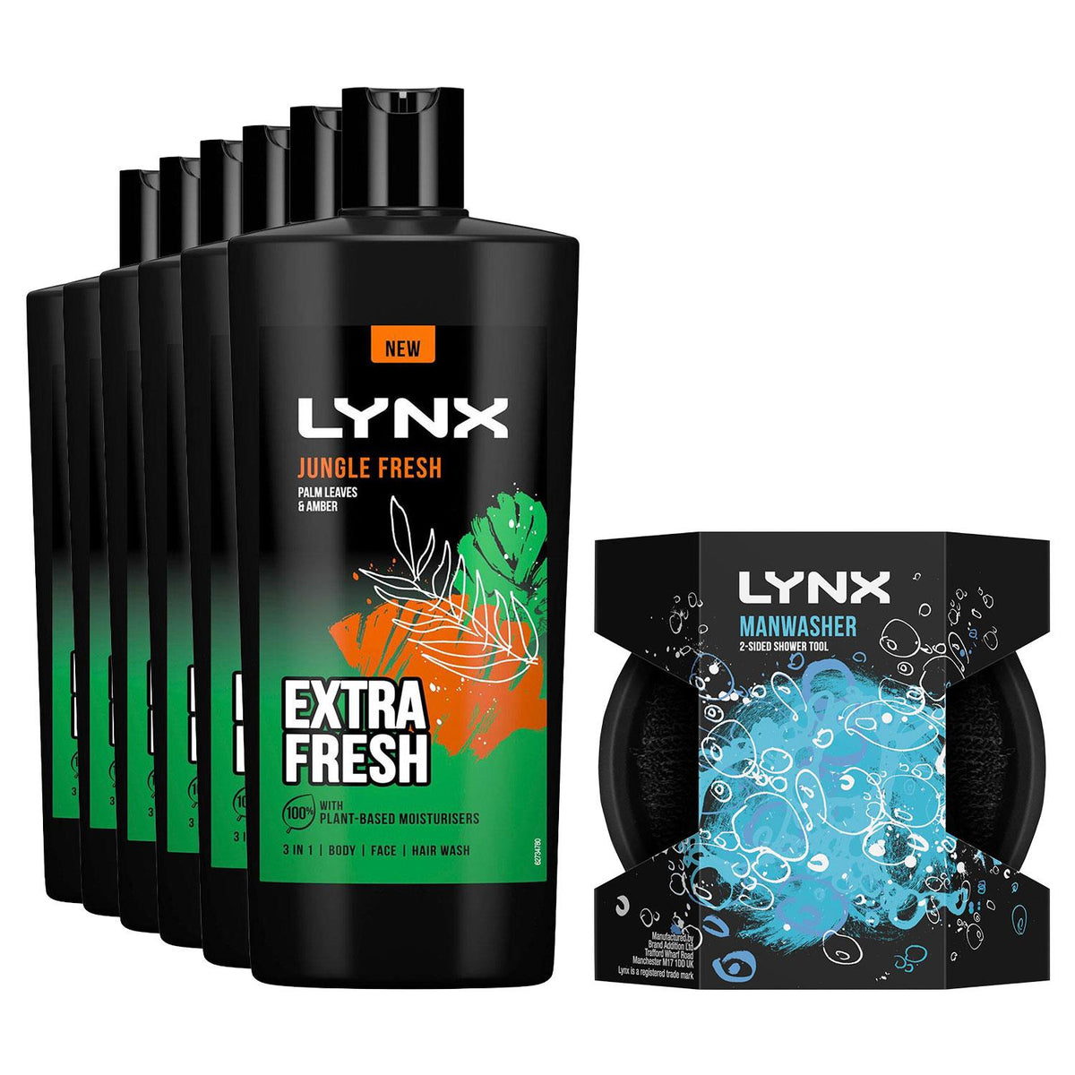 3-in-1 Body Face Hair Wash 700ml Jungle Fresh & Manwasher 2-sided Tool | Set of 6