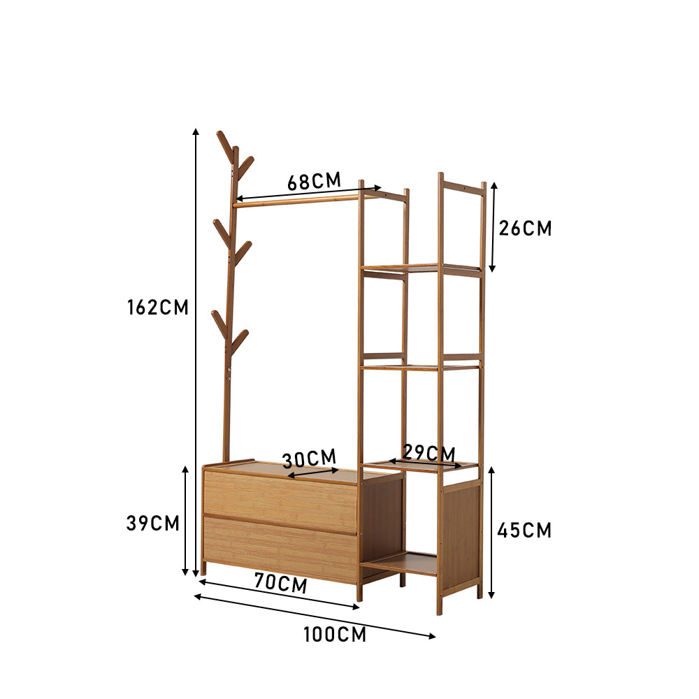 Bamboo Freestanding Clothes Rack Garment Organizer With Storage Shelves For Closet Or Bedroom | Large | Brown
