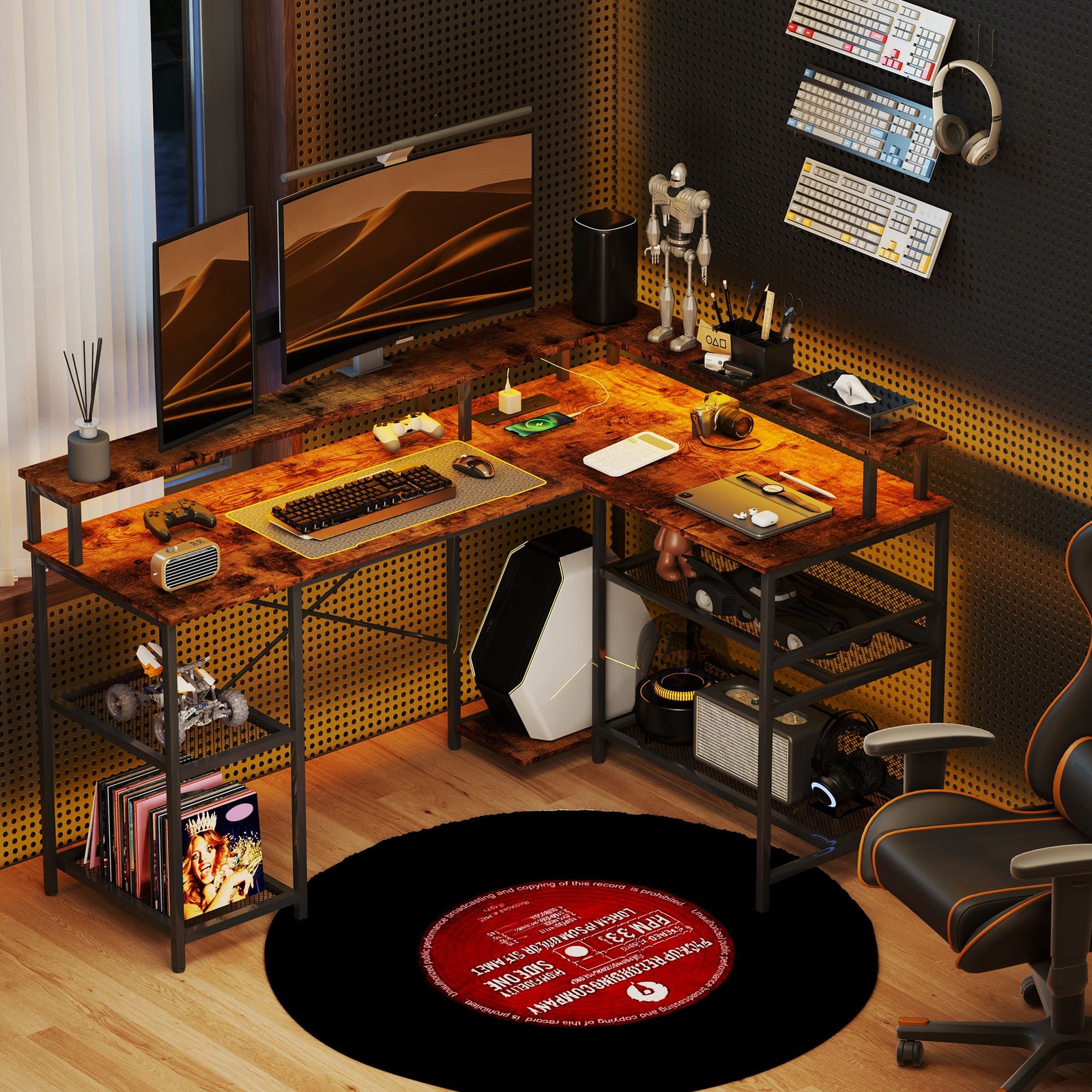 L Shaped Gaming Desk W/ Led Lights And Power Outlets