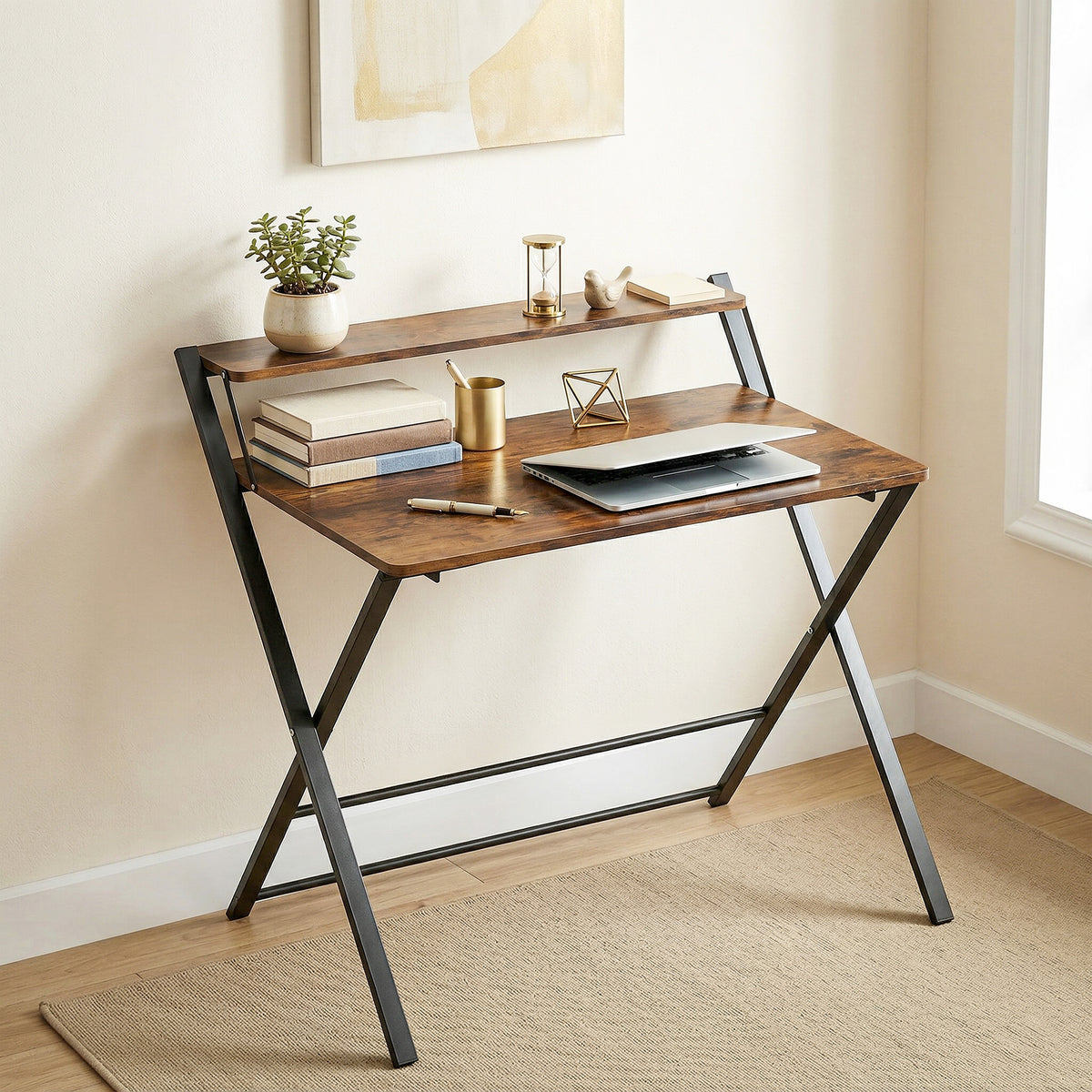 HOMCOM Folding Desk With 2-tier Shelf For Home Office